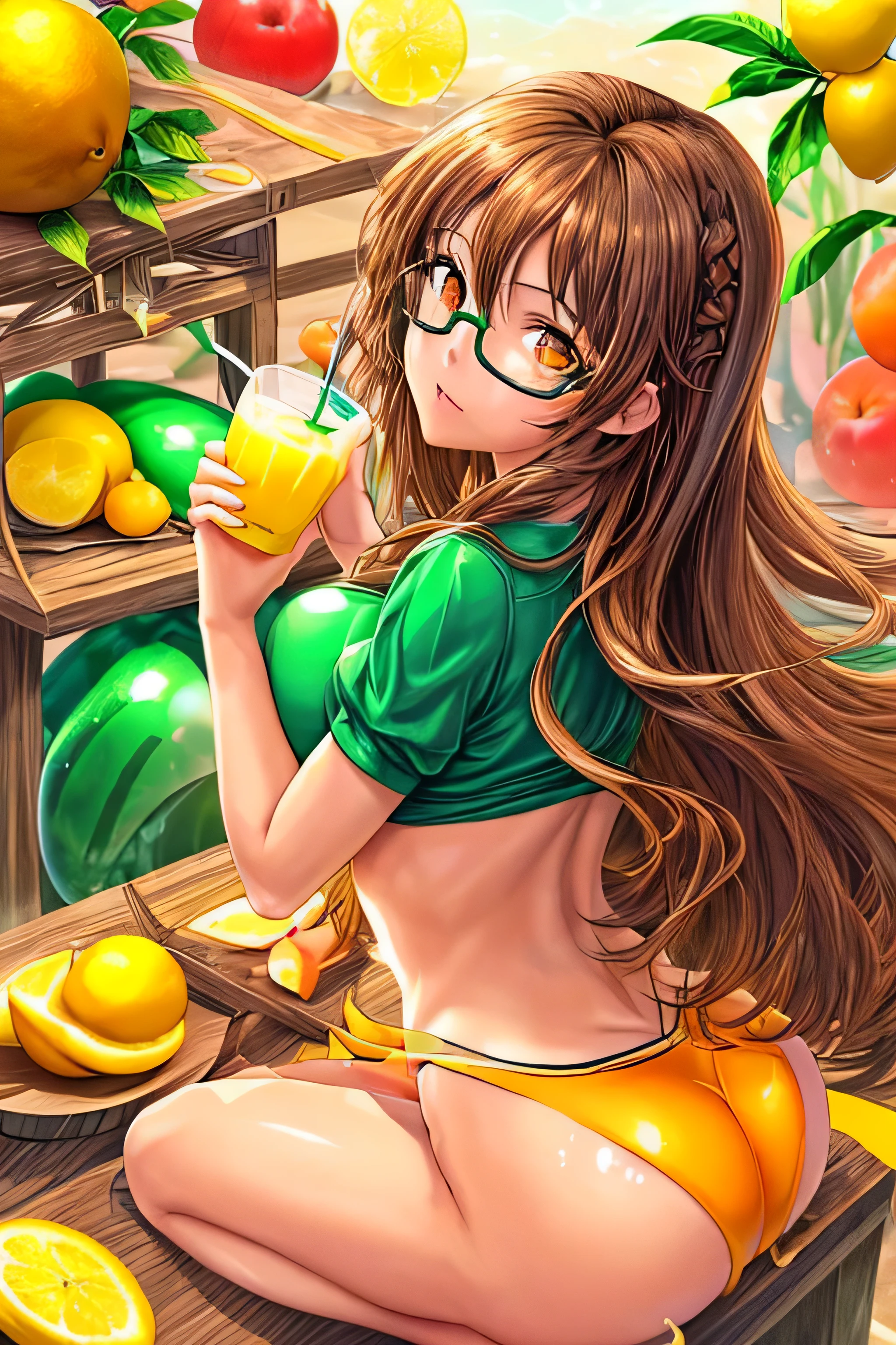 High resolution, high quality, 1 girl, anime girl, brown long hair, brown eyes,heart-shaped pupil, Green glasses, tanned skin, big breasts,beautiful breasts, (big ass),beautiful butt,white ,squat,(drink a lot of juice),(inflate one&#39;s stomach),(lemonade),(lemon juice),(orange juice),(mango juice),(Binapple juice),(water),at the cafe,