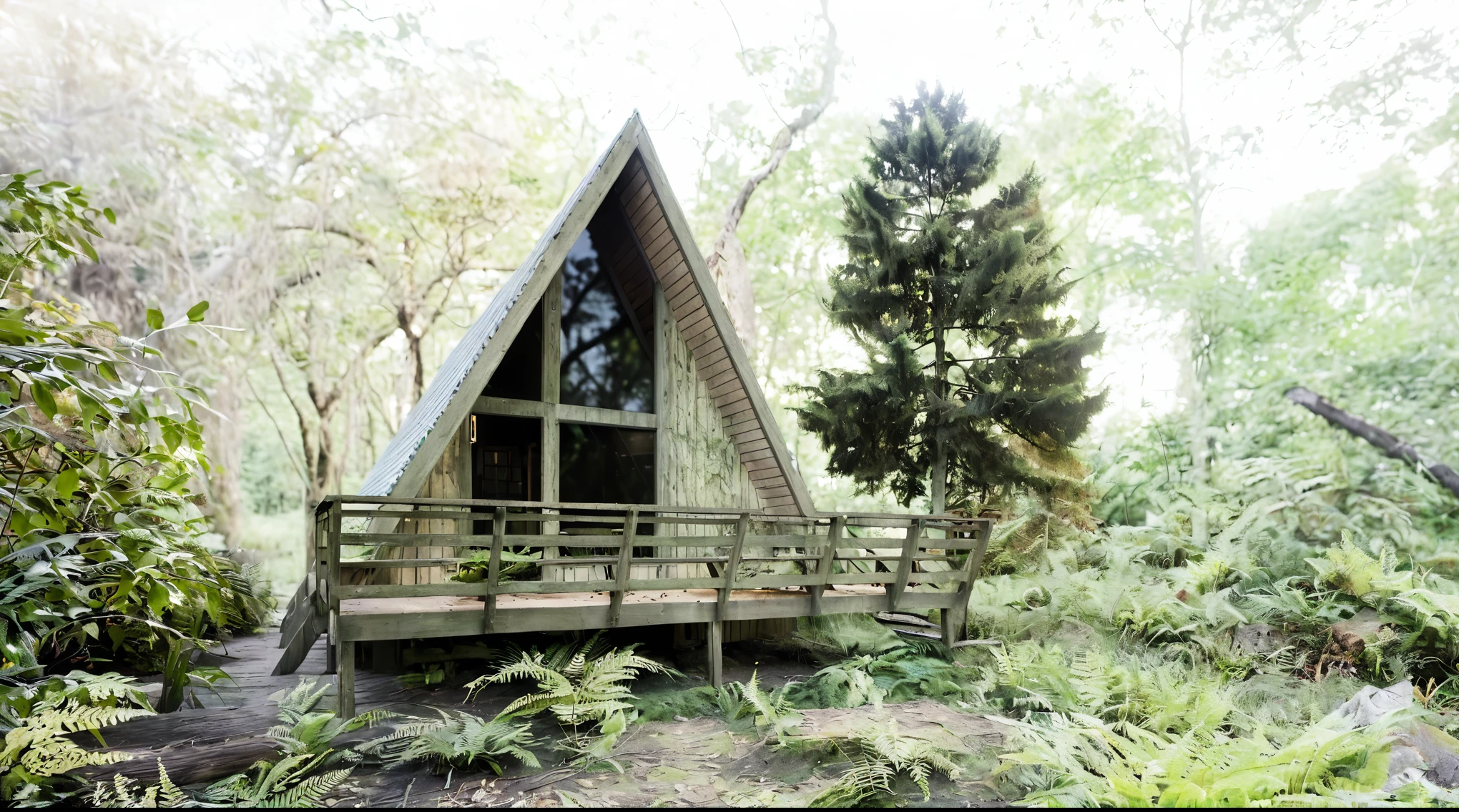 RAW photo, (high detailed skin:1.2), 8k uhd, dslr, soft lighting, high quality, film grain, Fujifilm XT3, photorealistic image, cabin in the wood, trees,fern, grass, forest ground cover