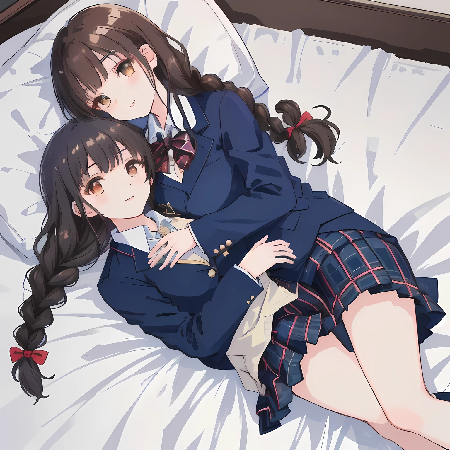 highest quality, (masterpiece:1.2), High resolution, perfect pixel, A very beautiful woman is lying on the bed, , ((girly large wine-red glossy polyester Japanese school ribbon bow tie)), (((a pair of dark brown tightly braids hair style))), ((((dark blue & deep navy colored tartan checkered long skirt)))), ((A formal dark blue blazer that is slightly larger and has a gold emblem on the left chest that feels like the texture of the cloth.)), Watching the viewer and laughing, the skirt is so cute, detailed fingers, modest chest, curled bangs, Lip balm, The background is a black bed in a night room, Beautiful down to the tips of her legs, I want to be intricately intertwined.