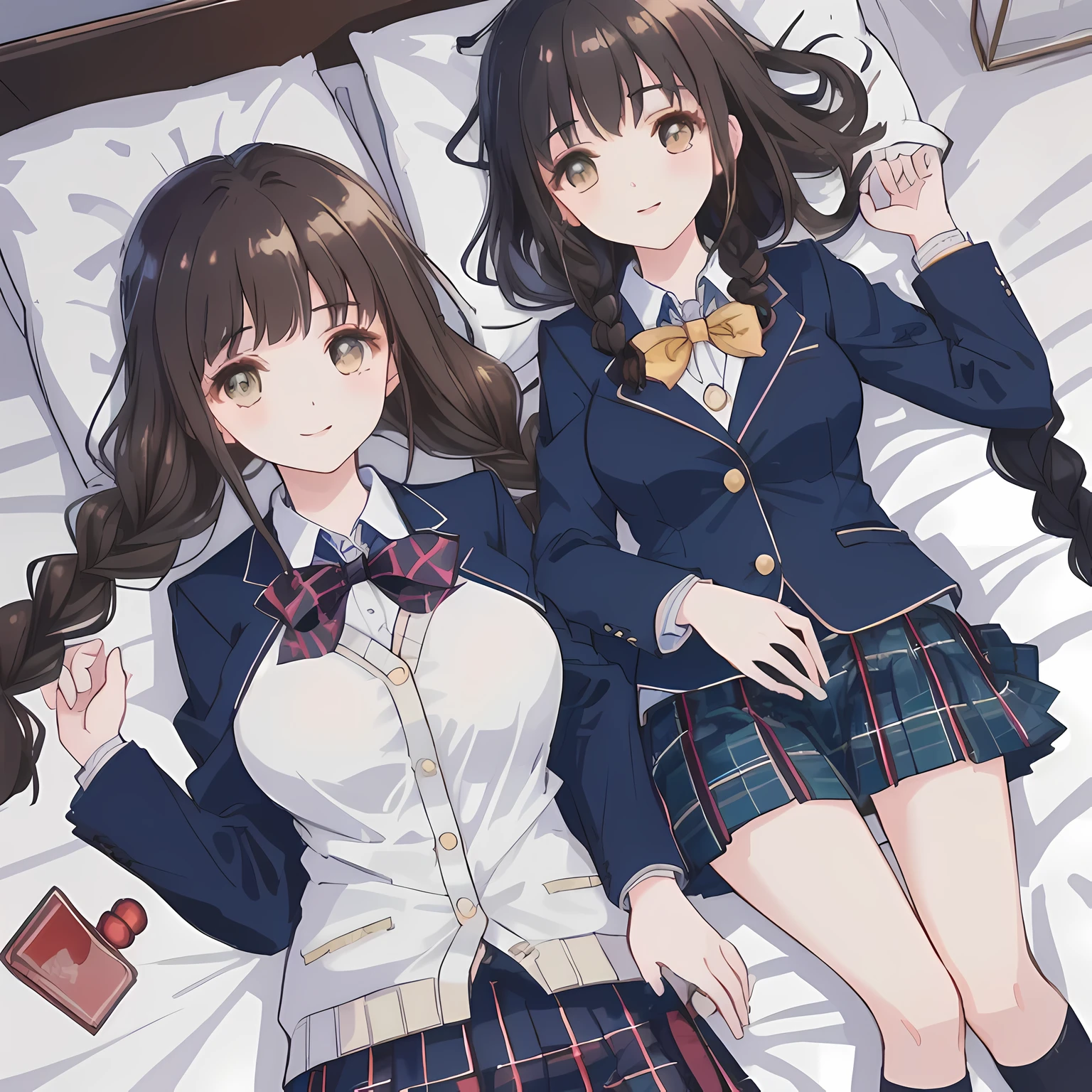 highest quality, (masterpiece:1.2), High resolution, perfect pixel, A very beautiful woman is lying on the bed, 16 years old, ((girly large wine-red glossy polyester Japanese school ribbon bow tie)), (((a pair of dark brown tightly braids hair style))), ((((dark blue & deep navy colored tartan checkered long skirt)))), ((A formal dark blue blazer that is slightly larger and has a gold emblem on the left chest that feels like the texture of the cloth.)), Watching the viewer and laughing, the skirt is so cute, detailed fingers, modest chest, curled bangs, Lip balm, The background is a black bed in a night room, Beautiful down to the tips of her legs, I want to be intricately intertwined.