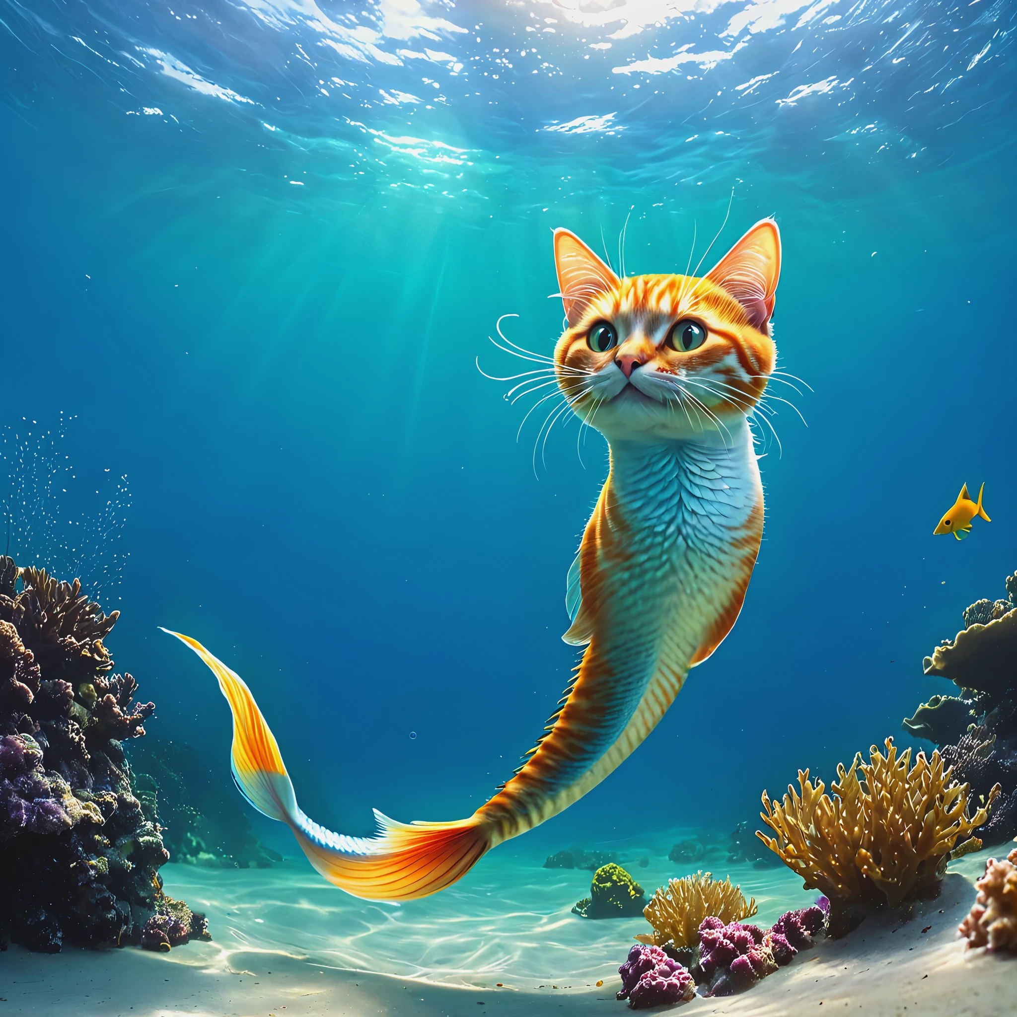 cat with a fish tail in the sea