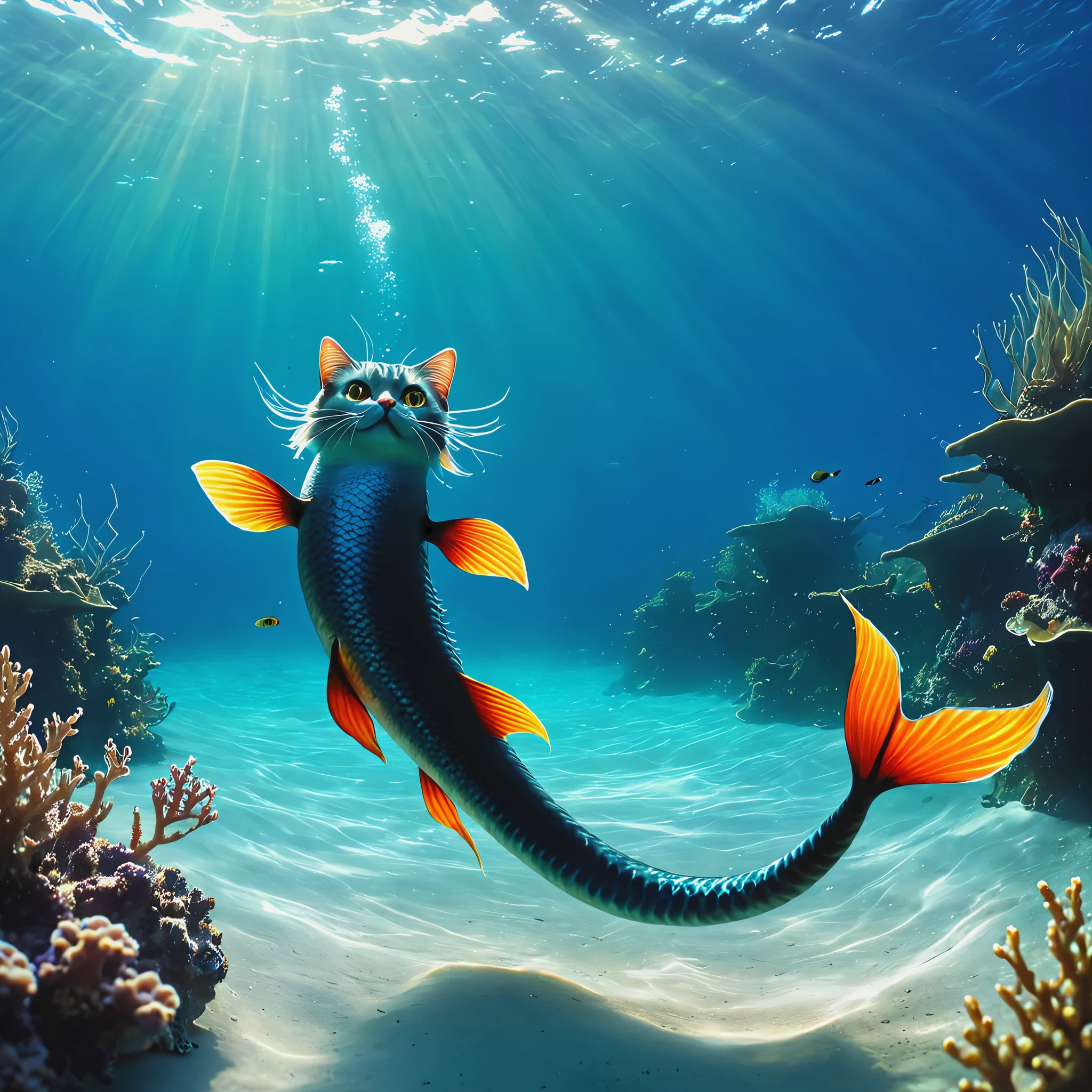 cat with a fish tail in the sea