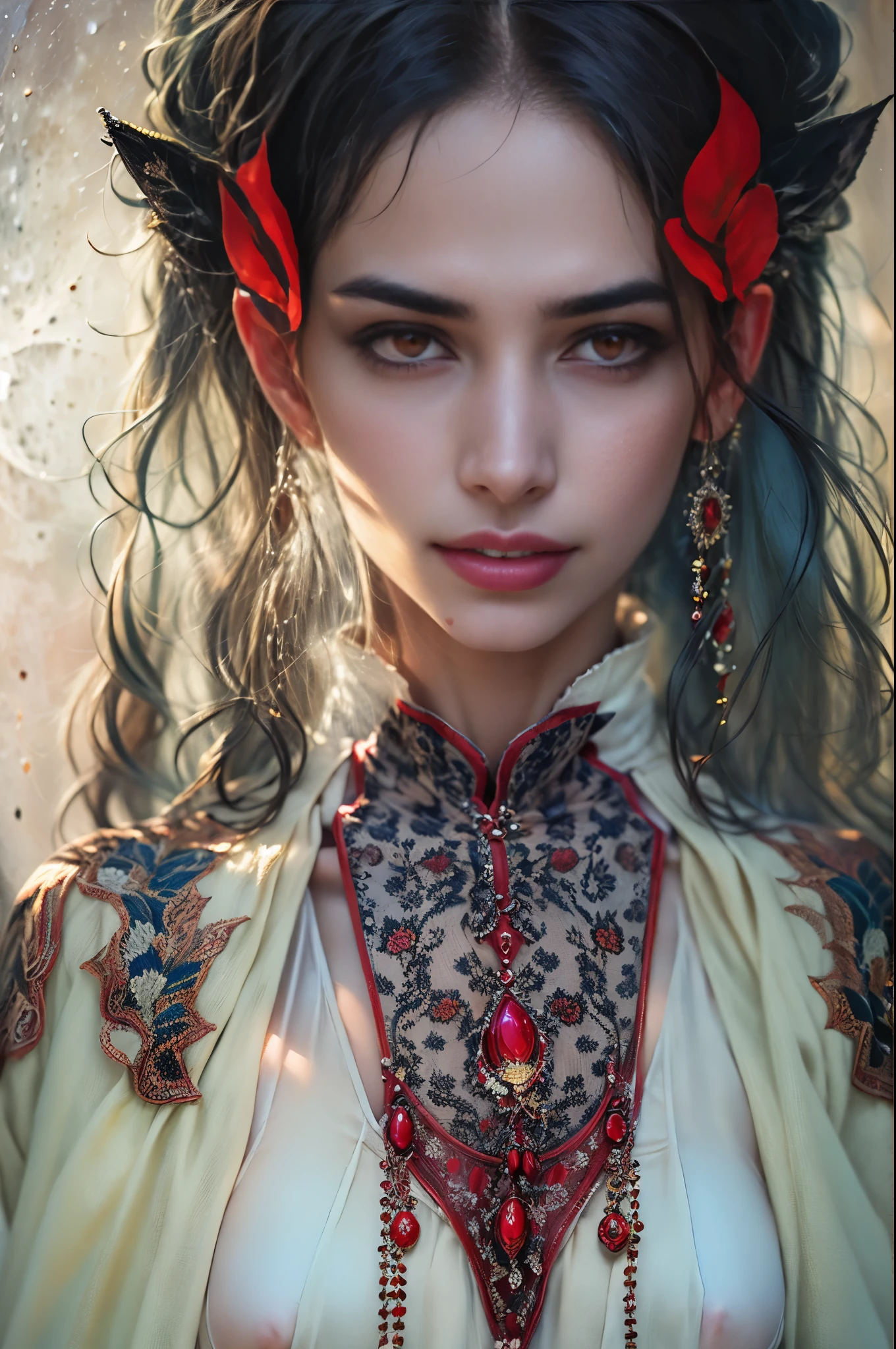 (beautiful detailed red eyes:1.4), long dark eyelashes, pointed fangs, flowing black hair, elegant posture, pale skin, red lips, traditional Arabic dress, mysterious aura, ((moonlit night:1.3)), shadows, delicate jewelry, ancient ruins, intense gaze, hypnotic smile, vampire powers, supernatural strength, centuries-old wisdom, captivating beauty, hauntingly enchanting, alluring darkness, (blood-red moonlight:1.1), eternal youth, seductive charm, hidden secrets. (best quality, ultra-detailed, photorealistic:1.37), gothic, fantasy, dark color palette, dramatic lighting. (NSFW:1.4) beautiful small breasts, (Emma watson:0.3),(Jennifer connelly:0.24), (beautiful nipples:1.5),(She has white skin with visible blue veins:1.4),(Small breasts with beautifully raised areolas:1.5),(flat chest:1.2) (beautiful teenage nipples:1.5)　　