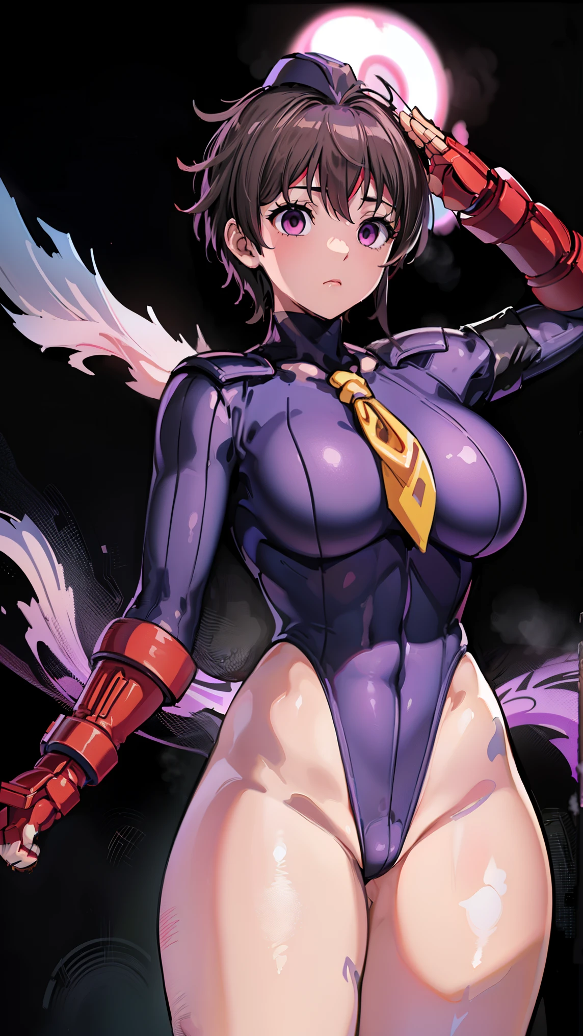 1 girl,NSFW,kasugano sakura, (STREET FIGHTER), clavicle, absurd, brainwashing,Combatant, empty eyes,((purple glowing eyes 1.5)), No expression, emotions are removed,((black shadaloo suit)),look away , whole body shape, ((stand up, salute)),(highest quality、4k、8K、High resolution、must have:1.2)、Super detailed、(reality、that&#39;s reality的な、reality的な:1.37)、ticker、hyper hd、studio lighting、ultra definition paint、sharp focus、Physically based rendering、extreme details、Professional specifications、vibrancy and color、blurry、sports portrait、landscape、horror style、anime big breasts、SF、photograph、concept artist、five fingers, perfect body,  {{{masterpiece}}}, {{{highest quality}}}, {{Super detailed}}, {shape}, {{very delicate and beautiful}},Improved cost performance、all roles、Canon 5D MK4でphotograph、photograph, 