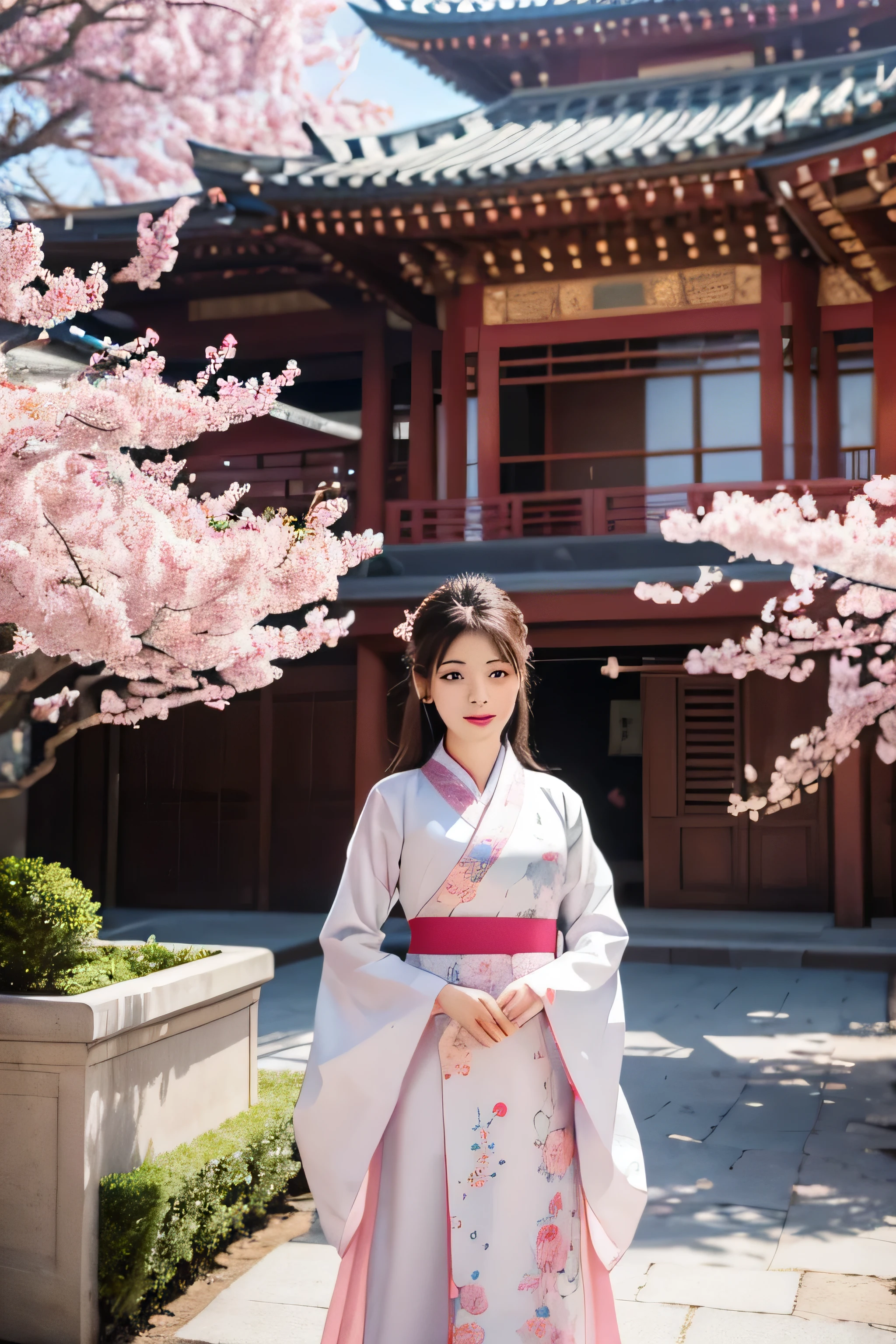 (best quality,4k,8k,highres,masterpiece:1.2),ultra-detailed,(realistic,photorealistic,photo-realistic:1.37),Korean woman wearing hanbok,beautiful detailed eyes,beautiful detailed lips,extremely detailed face,long eyelashes,traditional hanbok attire,richly embroidered fabric,luxurious silk,elaborate patterns,colored sleeves,floral motifs,imperial palace background,stunning architecture,ornate gates,courtyard filled with cherry blossoms,serene atmosphere,vivid colors,soft natural lighting,A girl surrounded by historical beauty,a gentle smile with a hint of elegance,peaceful and graceful pose,traditional fan in hand,graceful movement,capturing a moment of tranquility and beauty.