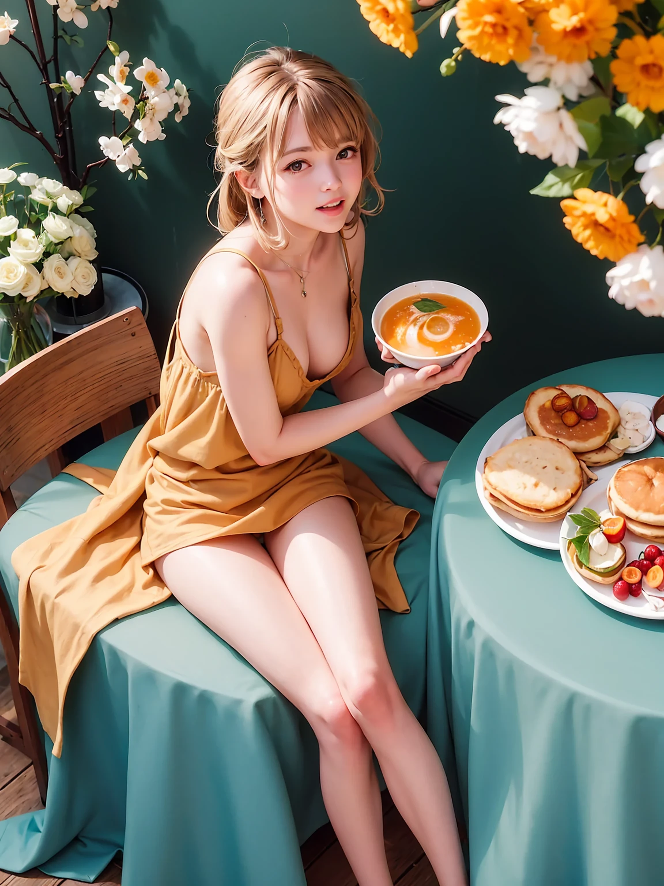 (best quality,4k,highres,masterpiece:1.2),ultra-detailed,realistic,a girl,enjoying her morning breakfast, very small breasts, tiny, skinny, beautiful detailed eyes,beautiful detailed lips,extremely detailed face,long eyelashes,eating sausages,talking,using a fork to pick them up,drinking fresh milk,wearing a cute pajamas,accidentally chokes on it,a cozy kitchen scene with sunlight streaming in,smiling,happy,golden brown sausages,soft and fluffy pancakes,crispy bacon,sunny-side-up eggs,steaming hot coffee,juicy orange slices,bright and colorful tablecloth,floral wallpaper,freshly brewed aroma,airy and spacious kitchen,comfortable and inviting atmosphere.