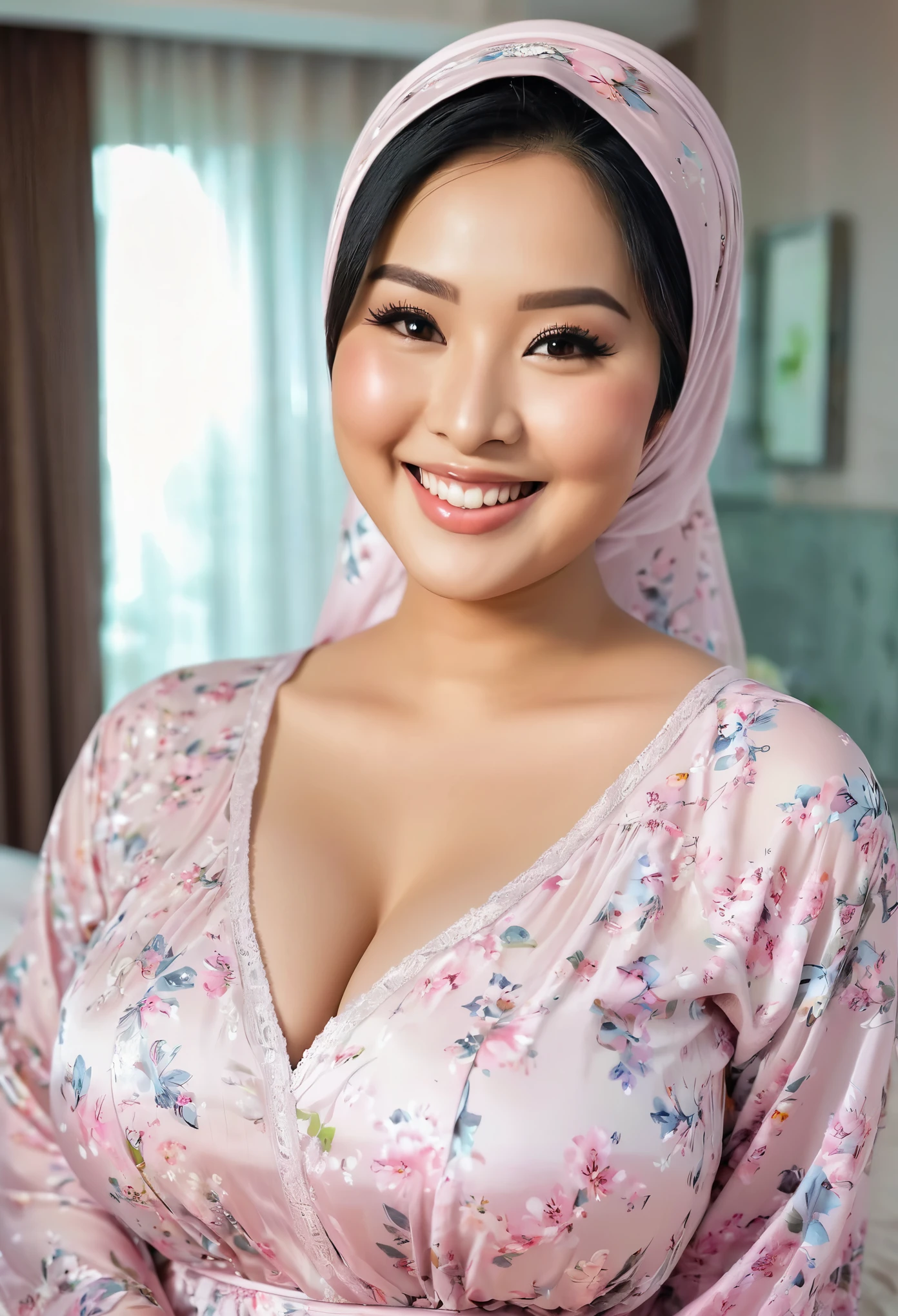 Beautiful smiling hijab woman asian face chubby big breasts, big ass, wearing a beautiful nightgown