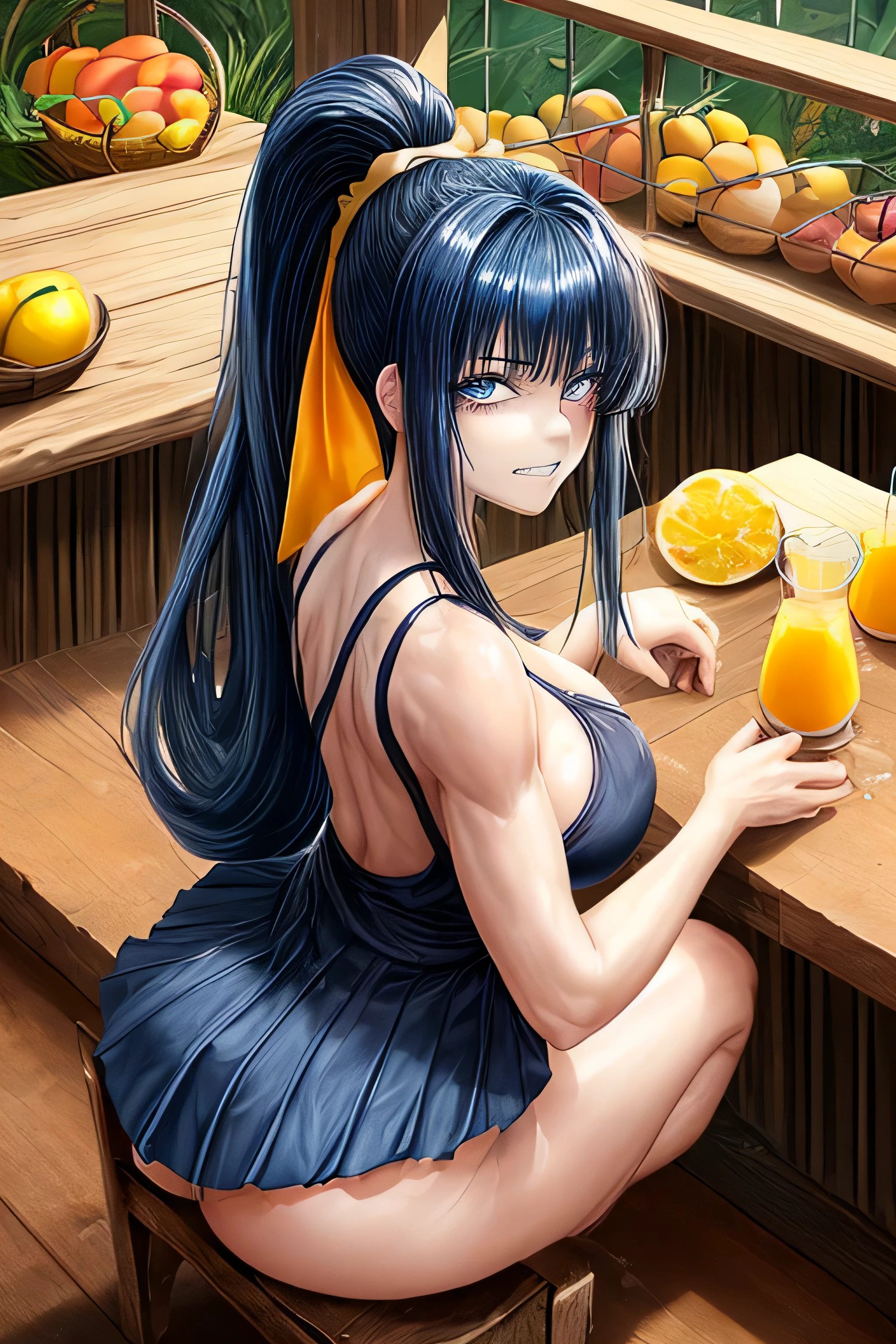 High resolution, high quality, 1 girl, anime girl, dark blue hair,ponytail,long hair,dull bangs, dark blue eyes,closed one eye,clenched teeth,[[pale skin]],Glossy skin, big breasts,beautiful breasts,(big ass),beautiful butt,pink high leg water wear,squat,arm behind head,(lemon juice),(orange juice),(mango juice),(water),at the cafe,