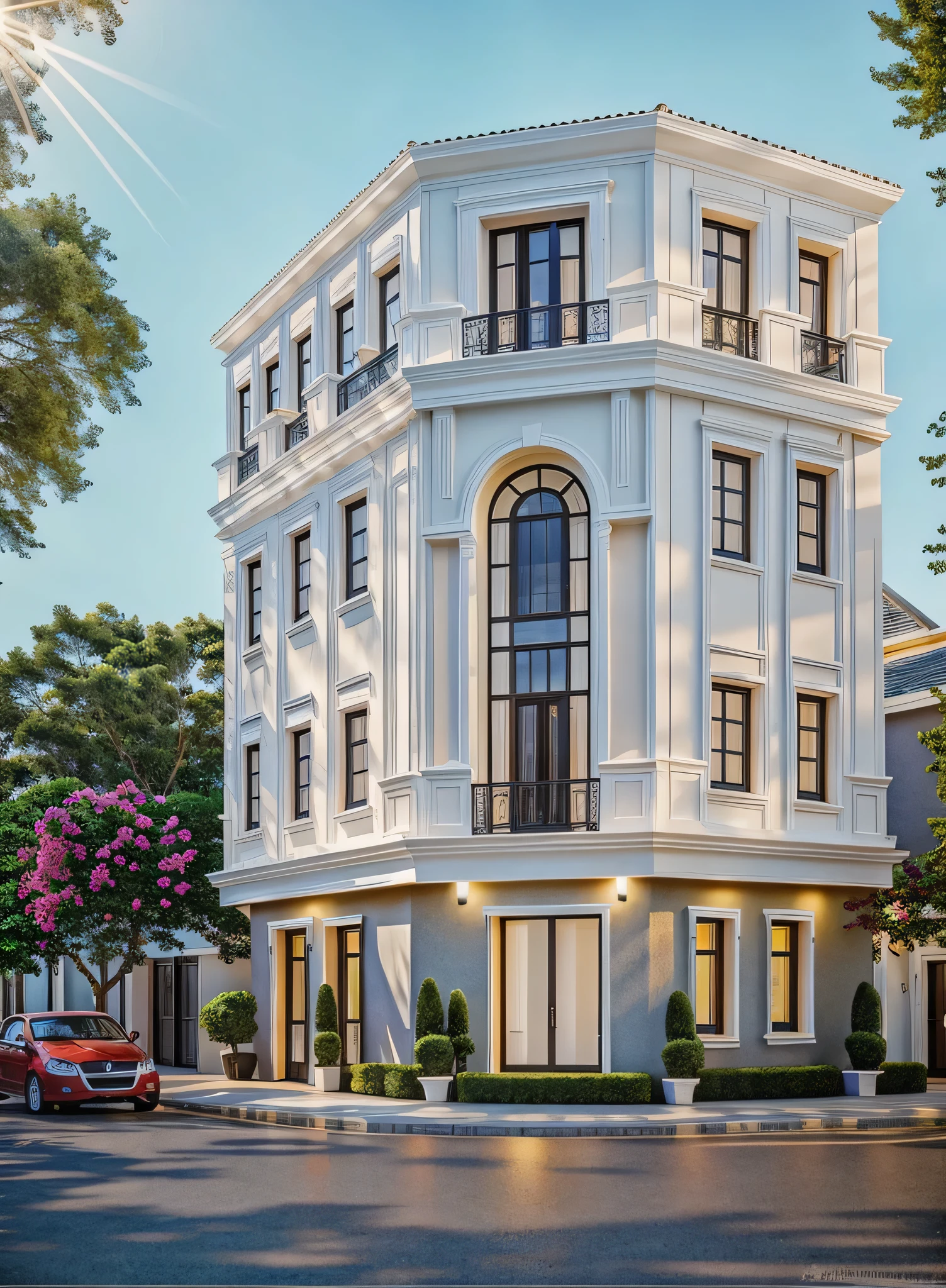 1 neoclassical style house, The town house is made from white walls, beautyful light, beautyfulday, sunny, Many red bougainvilleas along the road:1.3, lovely youthful feeling :1.2, sunlight at 12 noon, Very beautiful shadows