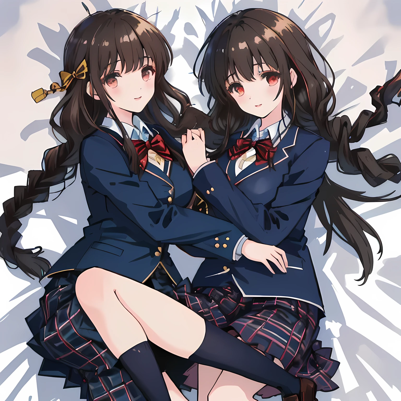 highest quality, (masterpiece:1.2), High resolution, perfect pixel, A very beautiful woman is lying on the bed, , ((girly large wine-red glossy polyester Japanese school ribbon bow tie)), (((a pair of dark brown tightly braids hair style))), ((((dark blue & deep navy colored tartan checkered long skirt)))), ((A formal dark blue blazer that is slightly larger and has a gold emblem on the left chest that feels like the texture of the cloth.)), Watching the viewer and laughing, the skirt is so cute, detailed fingers, modest chest, curled bangs, Lip balm, The background is a black bed in a night room, Beautiful down to the tips of her legs, I want to be intricately intertwined., I want to hug you