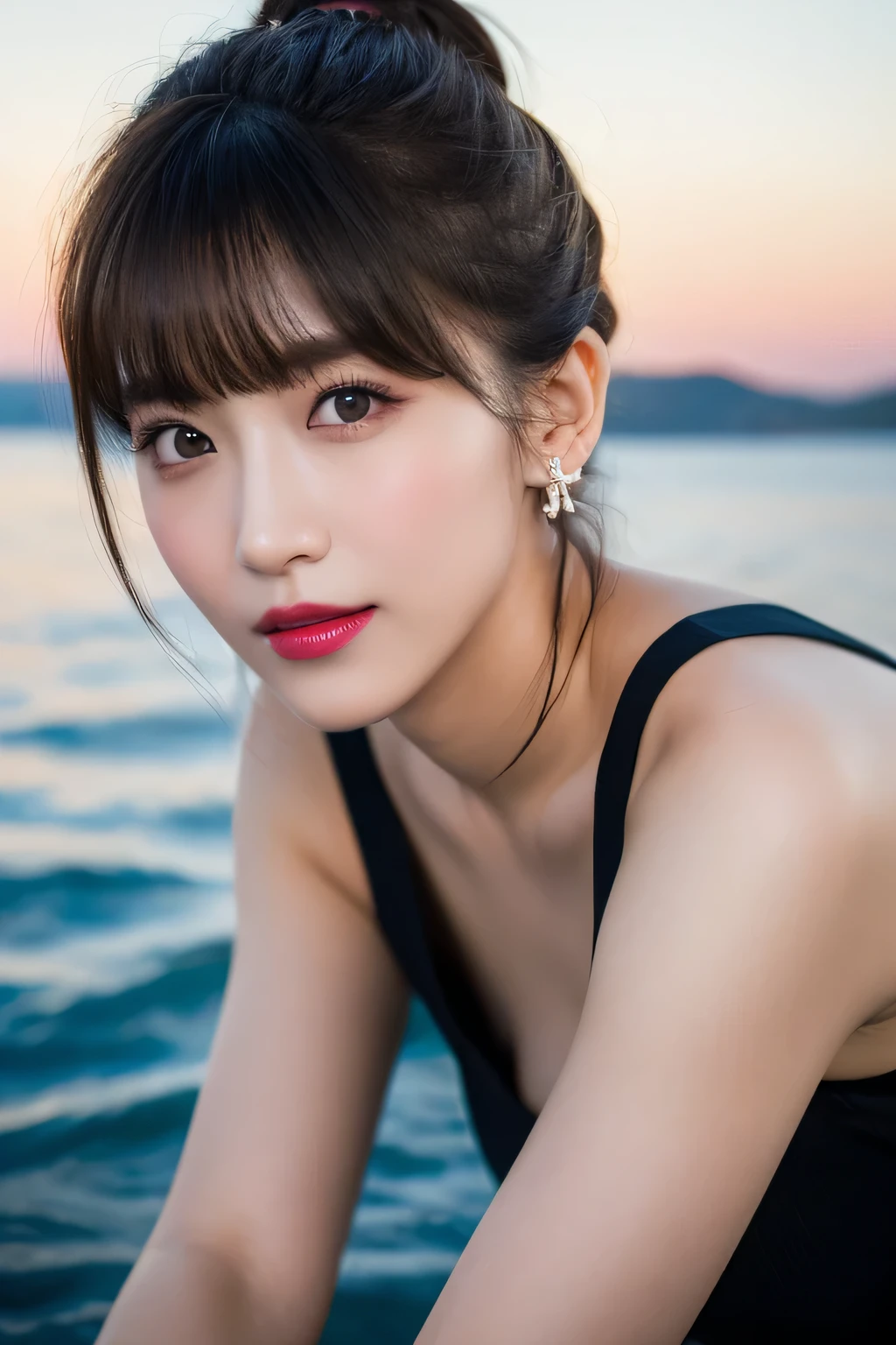 ((highest quality, 8K, masterpiece :1.3)), (realistic, Photoreal:1.4), sharp focus:1.2,
Bright colors, professional level, shallow depth of field,
20-year-old, (Half Japanese and half German woman), 1 person, A beautiful face with intelligence,
Supple body :1.3, model body shape:1.5, 頭w:1.4, perfect style:1.4,
narrow shoulders, beautiful clavicle, long and thin legs, The beauty of slim abs :1.2, thin waist :1.2,
super detailed skin, Fair skin, Shiny skin,
super detailed face, slim facial contour, beautiful small face, Beautiful lined nose,
super detailed eyes, long slit eyes, brown eyes, double eyelid, beautiful thin eyebrows, fine long eyelashes,
super detailed lips, plump lips, glossy pink lips, flushed cheeks, beautiful teeth,
Beautiful actress's ennui makeup, pink lipstick, silver necklace, earrings,
light brown hair, delicate soft hair,
(hair up, ponytail :1.2), layer cut, (dull bangs:1.2),
(Dress up with trendy fashion:1.2),
gentle smile, open mouth half way, Enchanted expression, stare at the camera,
(Full body image from the waist), dynamic lighting,
White House on Santorini, blue sky and aegean sea,
cinematic lighting, midsummer rays, (View from the side:1.2),
(standing in a beautiful posture:1.2), legs open,
(perfect breast shape, B cup:1.2), A small pink areola,
She has a cute plump butt, My thighs are dazzling,
(front view, Pay attention to the crack between the legs:1.5),