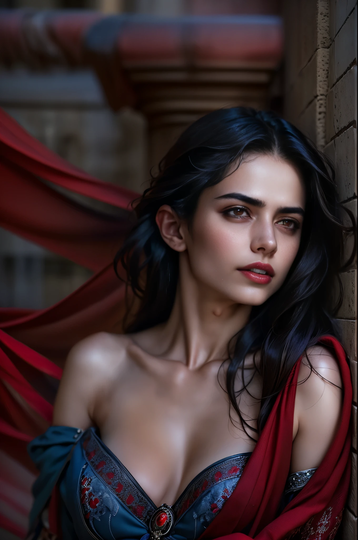 (beautiful detailed red eyes:1.4), long dark eyelashes, pointed fangs, flowing black hair, elegant posture, pale skin, red lips, traditional Arabic dress, mysterious aura, ((moonlit night:1.3)), shadows, delicate jewelry, ancient ruins, intense gaze, hypnotic smile, vampire powers, supernatural strength, centuries-old wisdom, captivating beauty, hauntingly enchanting, alluring darkness, (blood-red moonlight:1.1), eternal youth, seductive charm, hidden secrets. (best quality, ultra-detailed, photorealistic:1.37), gothic, fantasy, dark color palette, dramatic lighting. (NSFW:1.4) beautiful small breasts, (Emma watson:0.3),(Jennifer connelly:0.24), (beautiful nipples:1.5),(She has white skin with visible blue veins:1.4),(Small breasts with beautifully raised areolas:1.5),(flat chest:1.2) (beautiful age nipples:1.5)　　