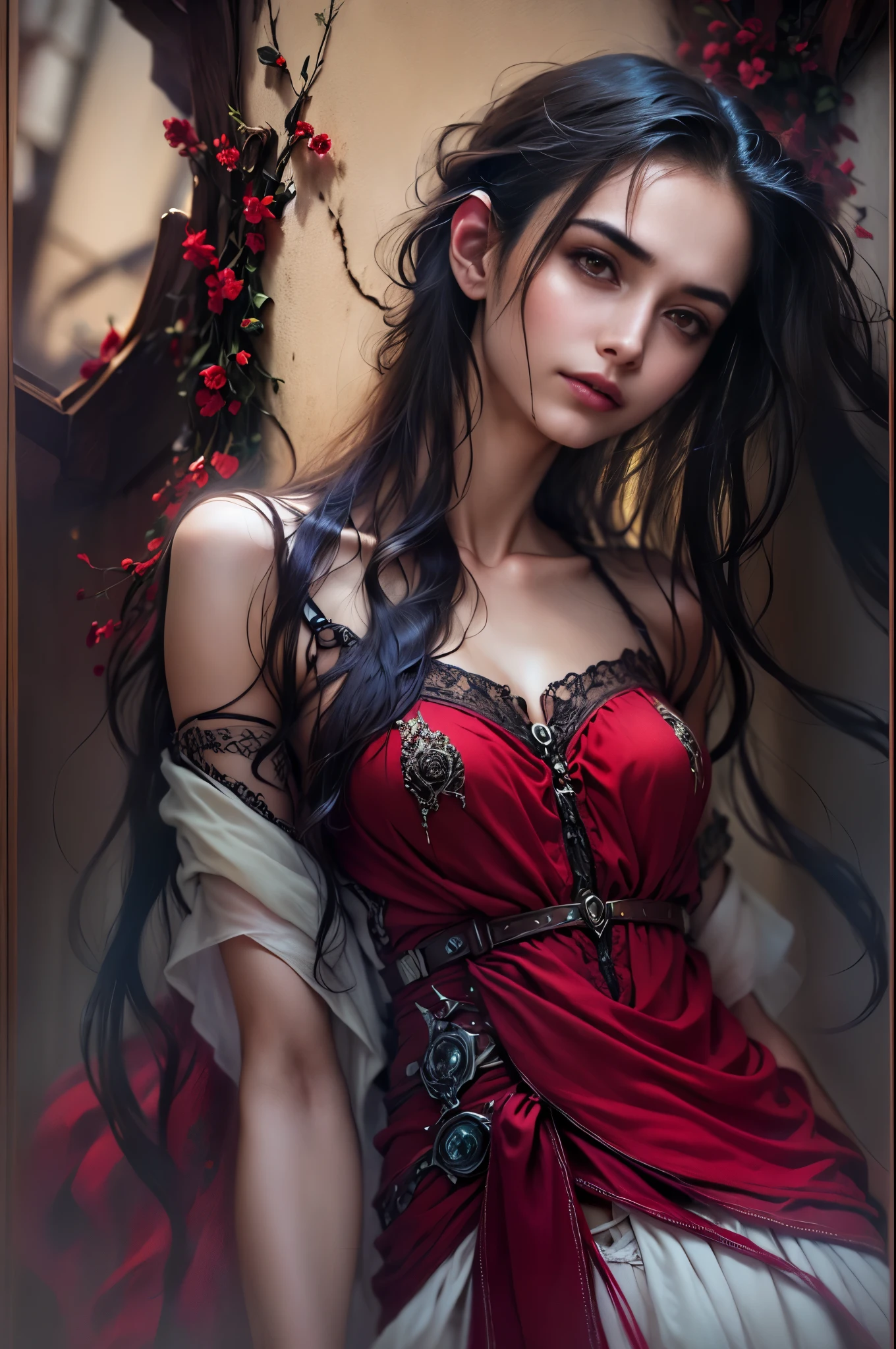 (beautiful detailed red eyes:1.4), long dark eyelashes, pointed fangs, flowing black hair, elegant posture, pale skin, red lips, traditional Arabic dress, mysterious aura, ((moonlit night:1.3)), shadows, delicate jewelry, ancient ruins, intense gaze, hypnotic smile, vampire powers, supernatural strength, centuries-old wisdom, captivating beauty, hauntingly enchanting, alluring darkness, (blood-red moonlight:1.1), eternal youth, seductive charm, hidden secrets. (best quality, ultra-detailed, photorealistic:1.37), gothic, fantasy, dark color palette, dramatic lighting. (NSFW:1.4) beautiful small breasts, (Emma watson:0.3),(Jennifer connelly:0.24), (beautiful nipples:1.5),(She has white skin with visible blue veins:1.4),(Small breasts with beautifully raised areolas:1.5),(flat chest:1.2) (beautiful teenage nipples:1.5)　　