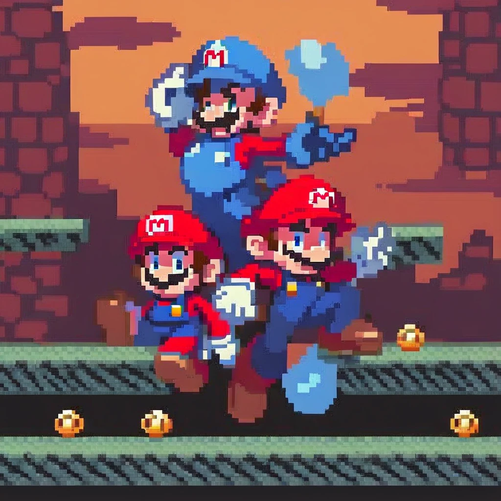 (super mario,rockman,mega man,retro game:1.1),(platform game:1.1),pixel art,old school graphics,(best quality,4k,8k,highres,masterpiece:1.2),vibrant colors,classic 8-bit sound effects,action-packed,exciting gameplay,adventurous levels,detailed backgrounds,playable characters,power-ups,enemies,tricky obstacles,adrenaline rush,jumping and running,iconic characters,collecting coins,bonus stages,multiplayer mode,fast-paced,retro gaming nostalgia