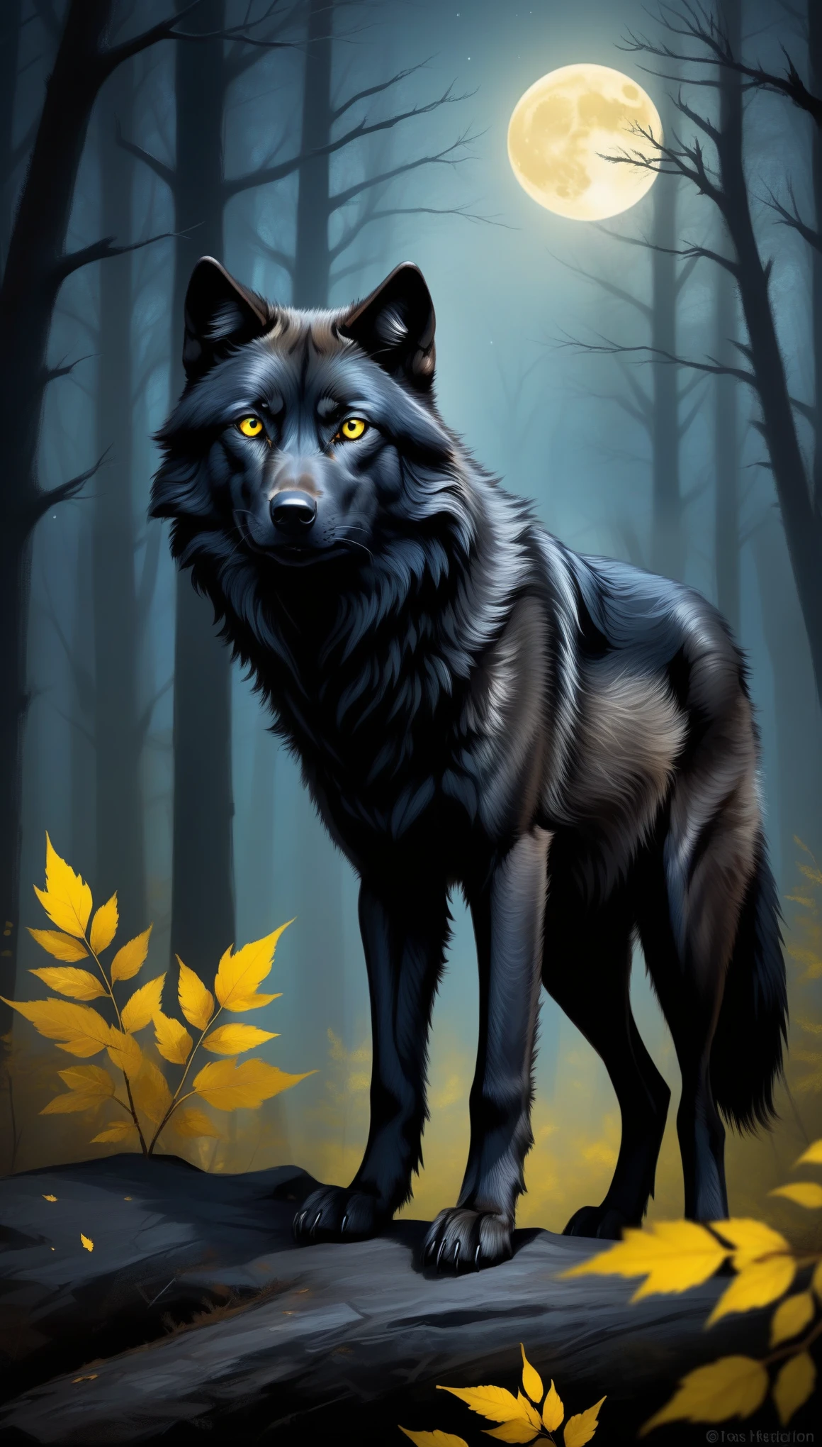 black wolf with yellow eyes in the forest,realistic,highres,ultra-detailed,wildlife,night scene,moonlit,ominous shadows,dense foliage,quiet ambiance,majestic creature,poised,alert,sharp-pointed ears,fierce gaze,powerful presence,untamed beauty,ominous,striking contrast,fearsome predator,graceful and stealthy movements,dark and mysterious habitat,howl in the distance,black fur glimmering under moonlight,pristine and untouched environment,mystical atmosphere,vivid colors,whisper of the wind,rustling leaves,slender and muscular frame