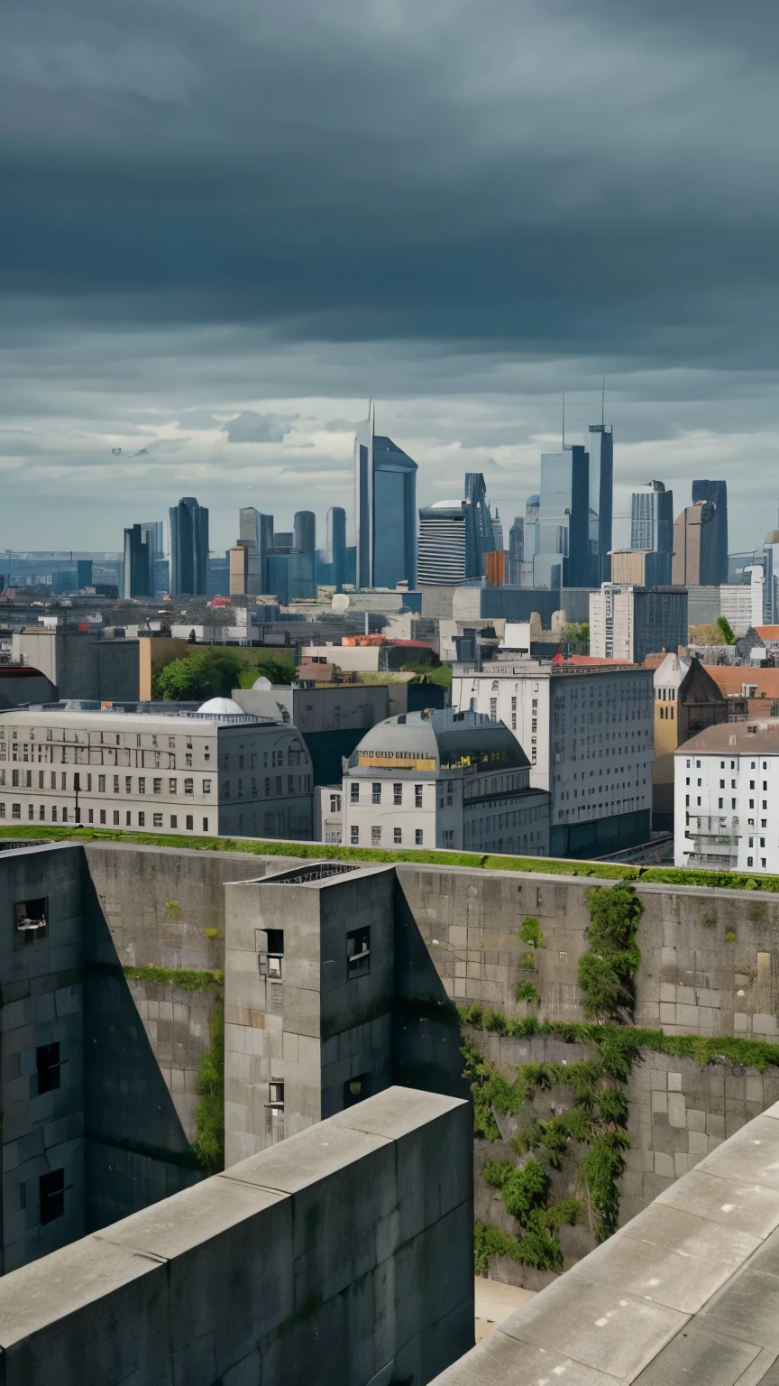 City surrounded by high walls and several security guards on top of the wall protecting the city. The city is very futuristic with modern design