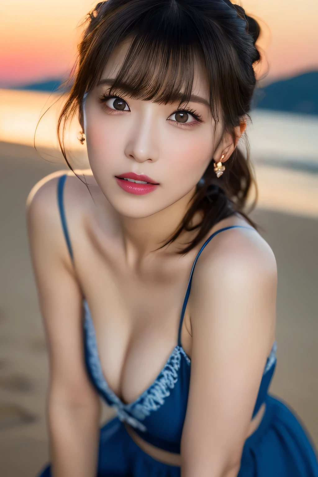 ((highest quality, 8K, masterpiece :1.3)), (realistic, Photoreal:1.4), sharp focus：1.2, 
Bright colors, professional level, shallow depth of field, 
20-year-old, (Half Japanese and half German woman), 1 person, A beautiful face with intelligence, 
Supple body :1.3, model body shape:1.5, 頭w:1.4, perfect style：1.4, 
narrow shoulders, beautiful clavicle, long and thin legs, The beauty of slim abs :1.2, thin waist :1.2, 
super detailed skin, Fair skin, Shiny skin, 
super detailed face, slim facial contour, beautiful small face, Beautiful lined nose, 
super detailed eyes, long slit eyes, brown eyes, double eyelid, beautiful thin eyebrows, fine long eyelashes, 
super detailed lips, plump lips, glossy pink lips, flushed cheeks, beautiful teeth, 
Beautiful actress&#39;s ennui makeup, pink lipstick, silver necklace, earrings, 
light brown hair, delicate soft hair, 
(hair up, ponytail :1.2), layer cut, (dull bangs:1.2), 
(Dress up with trendy fashion:1.2), 
gentle smile, open mouth half way, Enchanted expression, stare at the camera, 
(Full body image from the waist), dynamic lighting, 

White House on Santorini, blue sky and aegean sea, 
cinematic lighting, midsummer rays, (View from the side:1.2), 

((Standing naked on a beautiful beach)), 
(standing in a beautiful posture:1.2), legs open, 
(perfect breast shape, B cup:1.2), A small pink areola, 
She has a cute plump butt, My thighs are dazzling, 
(front view, Pay attention to the crack between the legs:1.5), 