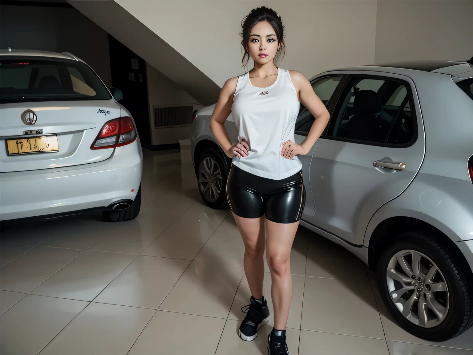 proportional eyes, extremely detailed, hyper detailed, soft lighting, detailed background, extreme detail background, sharp details, (wide shot), (full body), late twenties brunette woman, brown eyes, black sports bra, very busty, cream white coat, lousy gold pants