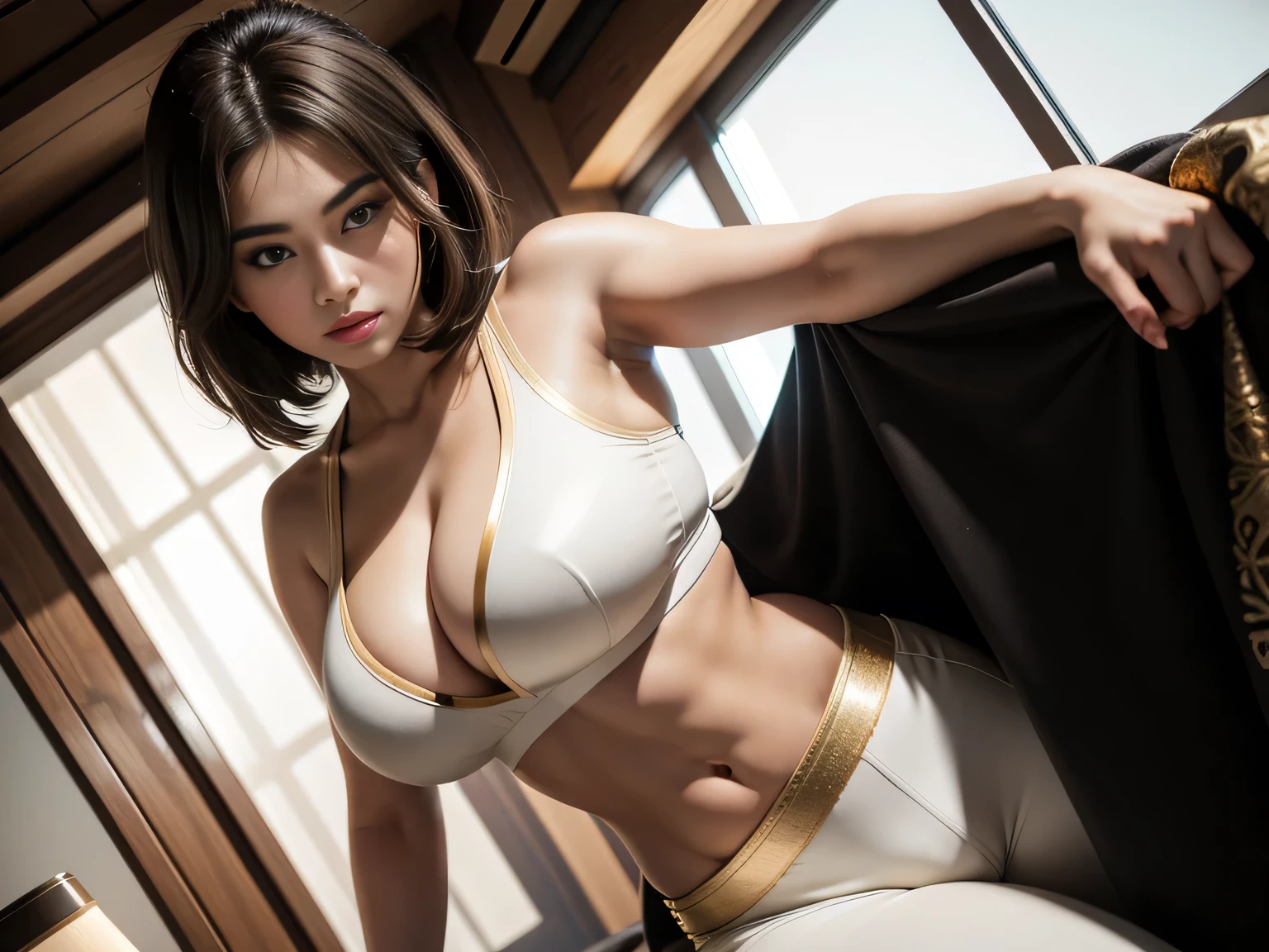 proportional eyes, extremely detailed, hyper detailed, soft lighting, detailed background, extreme detail background, sharp details, (wide shot), (full body), late twenties brunette woman, brown eyes, black sports bra, very busty, cream white coat, lousy gold pants