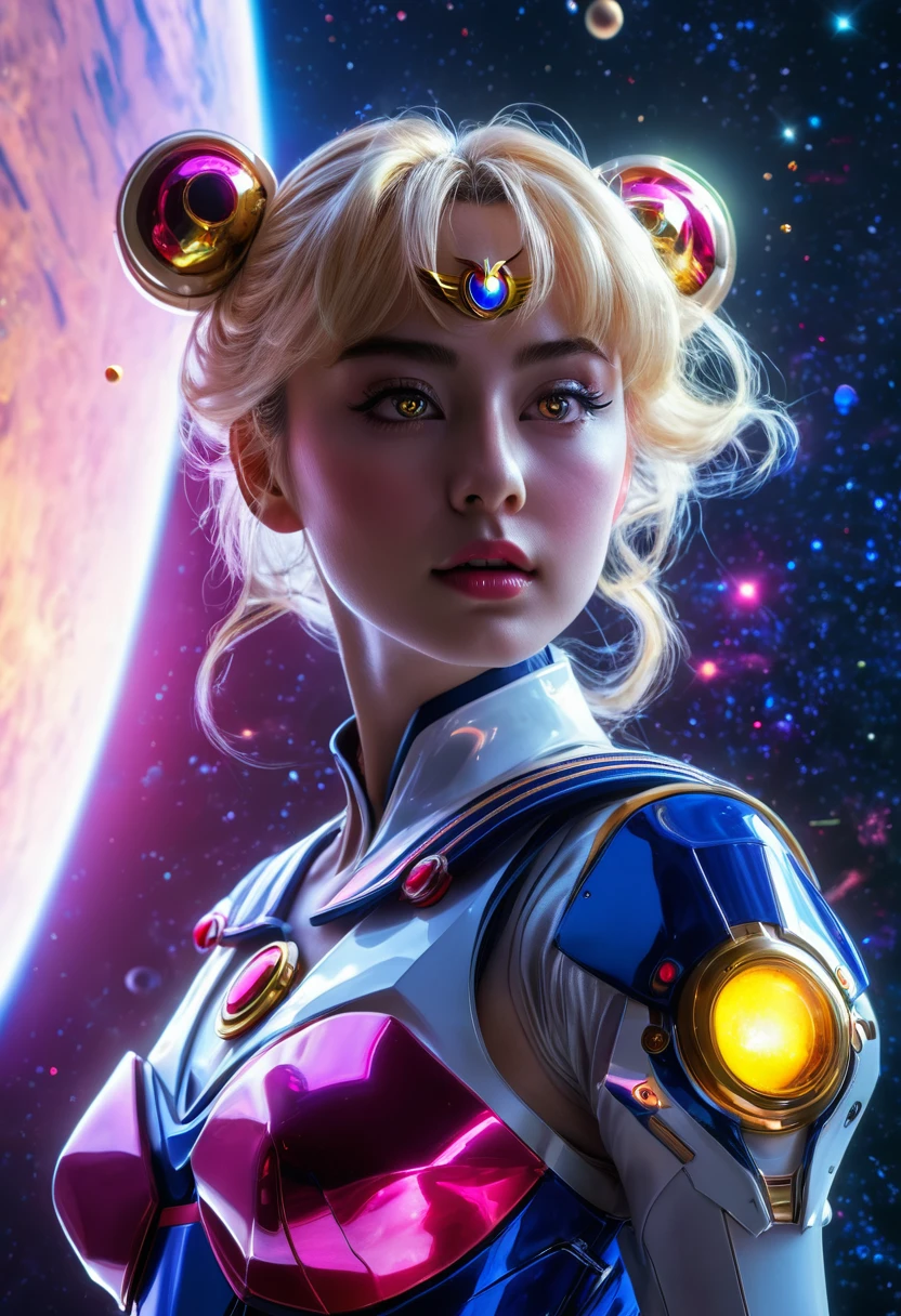 best quality, highres, masterpiece:1.2, ultra-detailed, realistic, HDR, studio lighting, vivid colors, sci-fi, portraits, Sailor Moon themed super robot, dramatic pose in space, sailor moon standing on shoulder in space suit, detailed face, elegant costume, flowing hair, glowing eyes, powerful energy beams shooting out, starry background, cosmic dust particles, dynamic composition, intense action, vibrant colors, celestial atmosphere, otherworldly lighting, ethereal glow, intergalactic adventure, heroism, mystique, majesty.