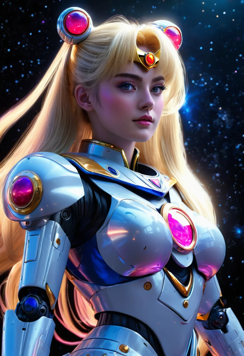 best quality, highres, masterpiece:1.2, ultra-detailed, realistic, HDR, studio lighting, vivid colors, sci-fi, portraits, Sailor Moon themed super robot, dramatic pose in space, sailor moon standing on shoulder in space suit, detailed face, elegant costume, flowing hair, glowing eyes, powerful energy beams shooting out, starry background, cosmic dust particles, dynamic composition, intense action, vibrant colors, celestial atmosphere, otherworldly lighting, ethereal glow, intergalactic adventure, heroism, mystique, majesty.