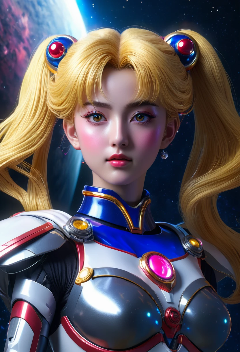 best quality, highres, masterpiece:1.2, ultra-detailed, realistic, HDR, studio lighting, vivid colors, sci-fi, portraits, Sailor Moon themed super robot, dramatic pose in space, sailor moon standing on shoulder in space suit, detailed face, elegant costume, flowing hair, glowing eyes, powerful energy beams shooting out, starry background, cosmic dust particles, dynamic composition, intense action, vibrant colors, celestial atmosphere, otherworldly lighting, ethereal glow, intergalactic adventure, heroism, mystique, majesty.