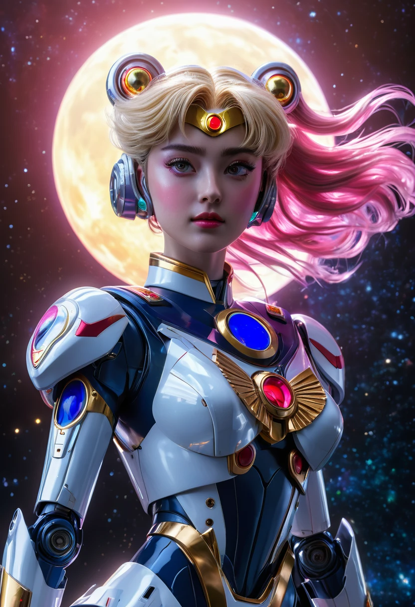 best quality, highres, masterpiece:1.2, ultra-detailed, realistic, HDR, studio lighting, vivid colors, sci-fi, portraits, Sailor Moon themed super robot, dramatic pose in space, sailor moon standing on shoulder in space suit, detailed face, elegant costume, flowing hair, glowing eyes, powerful energy beams shooting out, starry background, cosmic dust particles, dynamic composition, intense action, vibrant colors, celestial atmosphere, otherworldly lighting, ethereal glow, intergalactic adventure, heroism, mystique, majesty.
