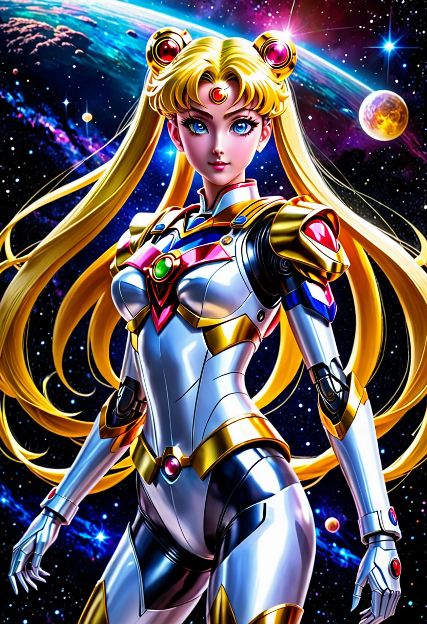 best quality, highres, masterpiece:1.2, ultra-detailed, realistic, HDR, studio lighting, vivid colors, sci-fi, portraits, Sailor Moon themed super robot, dramatic pose in space, sailor moon standing on shoulder in space suit, detailed face, elegant costume, flowing hair, glowing eyes, powerful energy beams shooting out, starry background, cosmic dust particles, dynamic composition, intense action, vibrant colors, celestial atmosphere, otherworldly lighting, ethereal glow, intergalactic adventure, heroism, mystique, majesty.