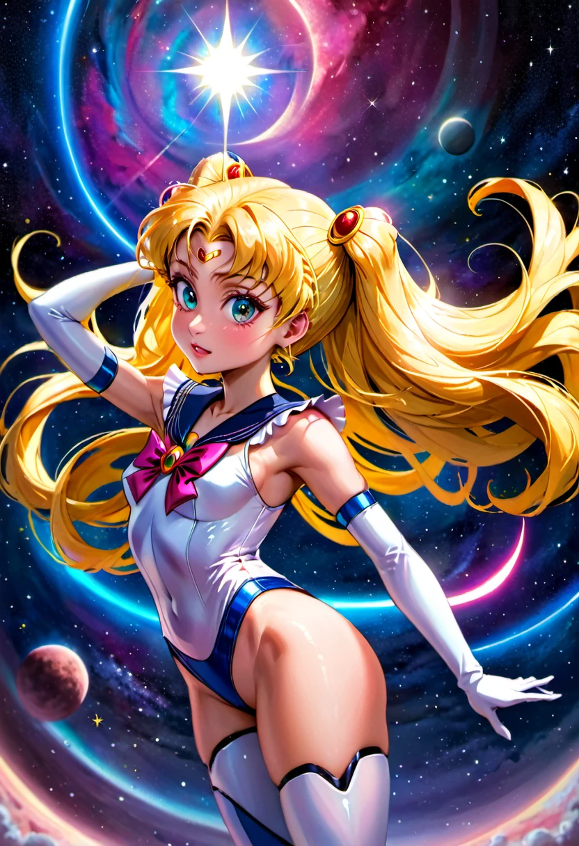 best quality, highres, masterpiece:1.2, ultra-detailed, realistic, HDR, studio lighting, vivid colors, sci-fi, portraits, Sailor Moon themed super robot, dramatic pose in space, sailor moon standing on shoulder in space suit, detailed face, elegant costume, flowing hair, glowing eyes, powerful energy beams shooting out, starry background, cosmic dust particles, dynamic composition, intense action, vibrant colors, celestial atmosphere, otherworldly lighting, ethereal glow, intergalactic adventure, heroism, mystique, majesty.