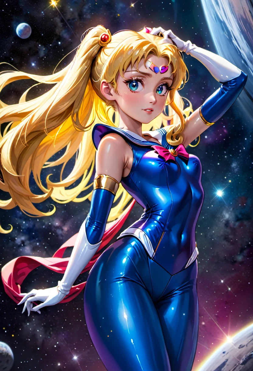 best quality, highres, masterpiece:1.2, ultra-detailed, realistic, HDR, studio lighting, vivid colors, sci-fi, portraits, Sailor Moon themed super robot, dramatic pose in space, sailor moon standing on shoulder in space suit, detailed face, elegant costume, flowing hair, glowing eyes, powerful energy beams shooting out, starry background, cosmic dust particles, dynamic composition, intense action, vibrant colors, celestial atmosphere, otherworldly lighting, ethereal glow, intergalactic adventure, heroism, mystique, majesty.