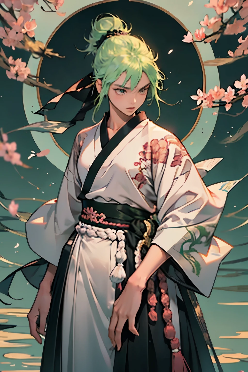 (best quality,highres),a girl with green hair tied in a bun with a black ribbon,wearing a traditional Japanese hakama with sashes on her chest. She carries two katana swords and a tanto sword on her waist. (photorealistic),medium:traditional Japanese illustration,ultra-detailed,painting-like,crisp and clear,sharp focus,professional (vivid colors),with vibrant colors and strong contrasts, HDR, studio lighting, (landscape),the scene takes place in a beautiful Japanese garden with cherry blossom trees in bloom. The garden is filled with colorful flowers and lush greenery. The sunlight filters through the trees, creating a warm and peaceful atmosphere. The girl stands in a graceful pose, surrounded by falling cherry blossom petals. Her eyes are mesmerizing and her lips are delicately painted with a soft shade of pink. She exudes a sense of confidence and strength as she holds her swords with a firm grip. The texture of her hakama is clearly visible, with intricate details and folds. The sashes on her chest are tied in an elaborate knot, adding to the overall elegance of her attire. The katana swords are finely crafted, with shimmering blades and ornate handles. The tanto sword is smaller, but equally exquisite. The girl's green hair stands out in contrast to the pink cherry blossoms, giving her an ethereal and otherworldly appearance. The overall composition of the image is balanced and pleasing to the eye, with a harmonious blend of colors and elements. The artwork captures the beauty and grace of Japanese culture, while also showcasing the girl's fierce determination and warrior spirit.