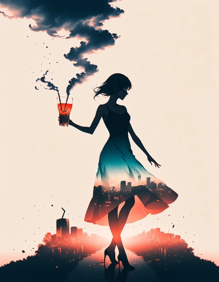 Beautiful dancer&#39;s slender shadow on the ground，double exposure，solo，smoke，drinks，Persistence and giving up