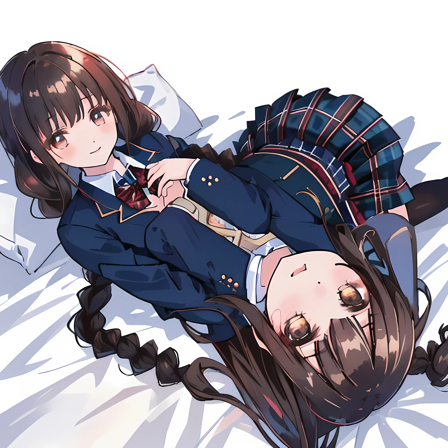 highest quality, (masterpiece:1.2), High resolution, perfect pixel, A very beautiful woman is lying on the bed, ************, ((detailed eyes)), ((girly large wine-red glossy polyester Japanese school ribbon bow tie)), (((a pair of dark brown tightly braids hair style))), ((((dark blue & deep navy colored tartan checkered long skirt)))), ((A formal dark blue blazer that is slightly larger and has a gold emblem on the left chest that feels like the texture of the cloth.)), Watching the viewer and laughing, the skirt is so cute, detailed fingers, modest chest, curled bangs, Lip balm, The background is a black bed in a night room, Beautiful down to the tips of her legs, I want to be intricately intertwined., I want to hug you, checkered comforter 