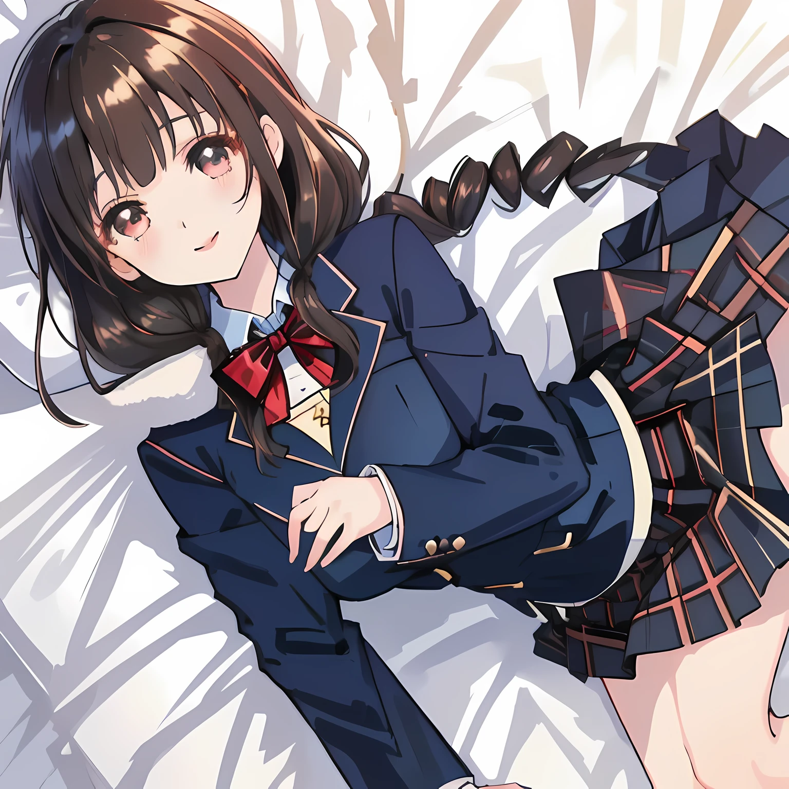 highest quality, (masterpiece:1.2), High resolution, perfect pixel, A very beautiful woman is lying on the bed, 16 years old, ((detailed eyes)), ((girly large wine-red glossy polyester Japanese school ribbon bow tie)), (((a pair of dark brown tightly braids hair style))), ((((dark blue & deep navy colored tartan checkered long skirt)))), ((A formal dark blue blazer that is slightly larger and has a gold emblem on the left chest that feels like the texture of the cloth.)), Watching the viewer and laughing, the skirt is so cute, detailed fingers, modest chest, curled bangs, Lip balm, The background is a black bed in a night room, Beautiful down to the tips of her legs, I want to be intricately intertwined., I want to hug you, checkered comforter 