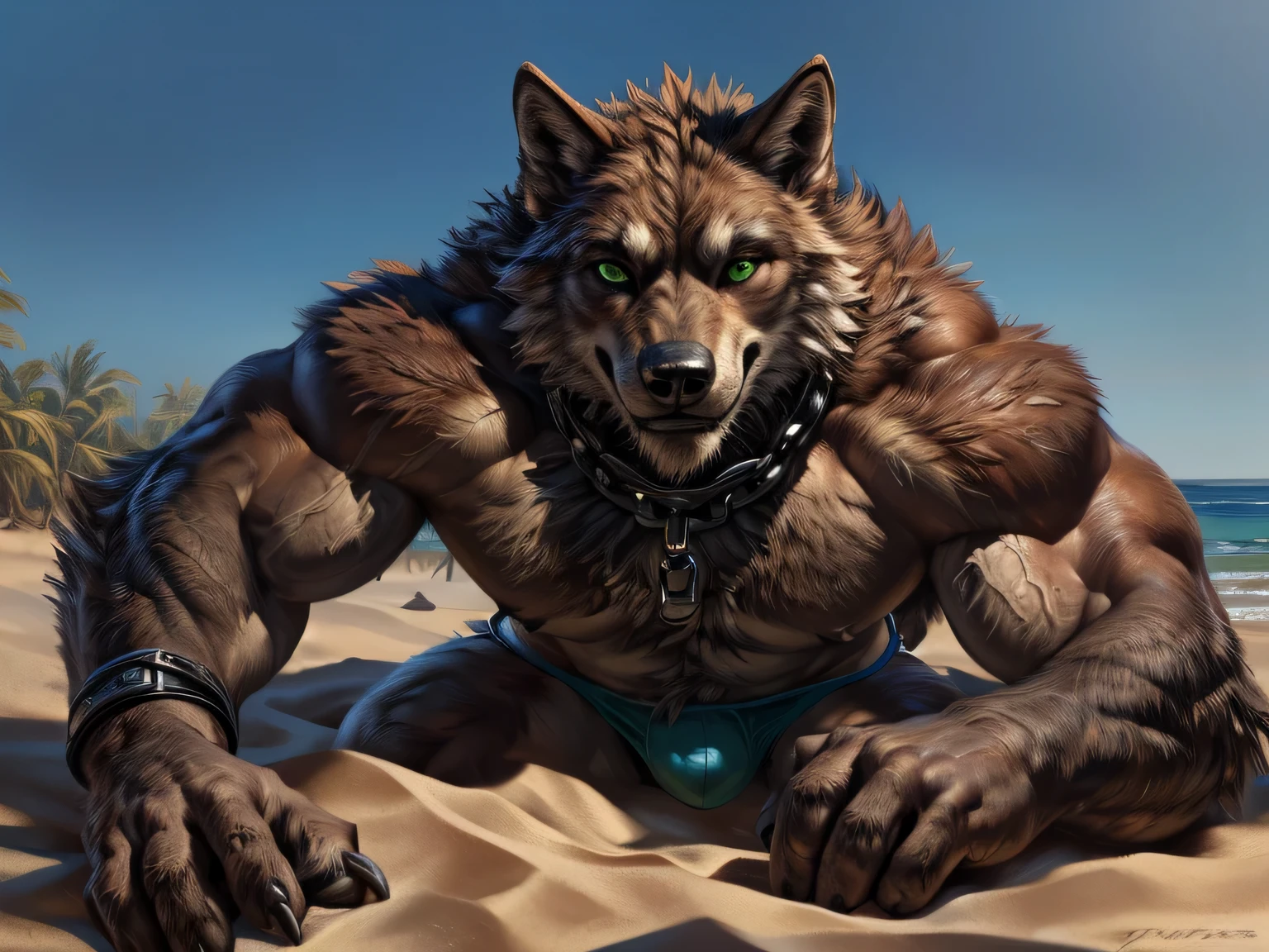 Full body portrait of a werewolf, orange fur, bitone, white chest fur, black beard, green eyes, realistic eyes, posted on e621, furry body, anthro body, anthro werewolf, claws on hands, werewolf, solo, male, adult, masculine face, adult male, (very muscular, buff:1.2), correct anatomy (muscular legs, wolf tail, werewolf paws, (photorealistic fur, detailed fur, epic, masterpiece:1.2), wearing a green speedo, big penis, Exiting the side of the Speedo, penis out of speedo, has a boner, pre cum in penis, big testicles, bulge in speedo, testicles in speedo, has a black chain collar, collar in his neck, in the beach, lying in sand, Lying in your back, Leaning on his forearm, sexy shadows, (by echin, by Taran Fiddler, by Juiceps, by Rukis), (detailed eyes:1.2), impressive physique, strong pose, smiling, seductive face, looking at camera, full body image, full body, Werewolf legs