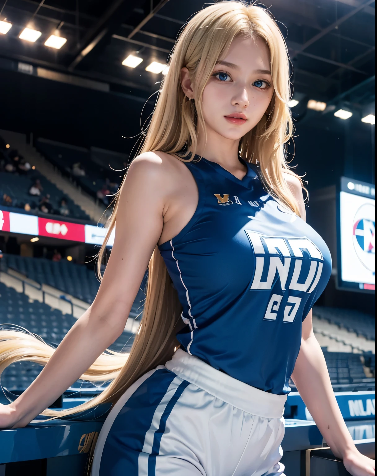 1girl, (blue eyes), (smiling), (Sana Minatozaki), wide hips, Big tits, big ass, (Best Quality, 8k, Masterpiece: 1.3), Clear Focus: 1.2, Perfect Body Beauty: 1.4, Highly detailed face and skin texture, detailed eyes, double eyelids, (blond long tail hair :1.3), basketball jersey, basketball shorts, space jam :1.2, standing, dynamic pose, in a basketball stadium