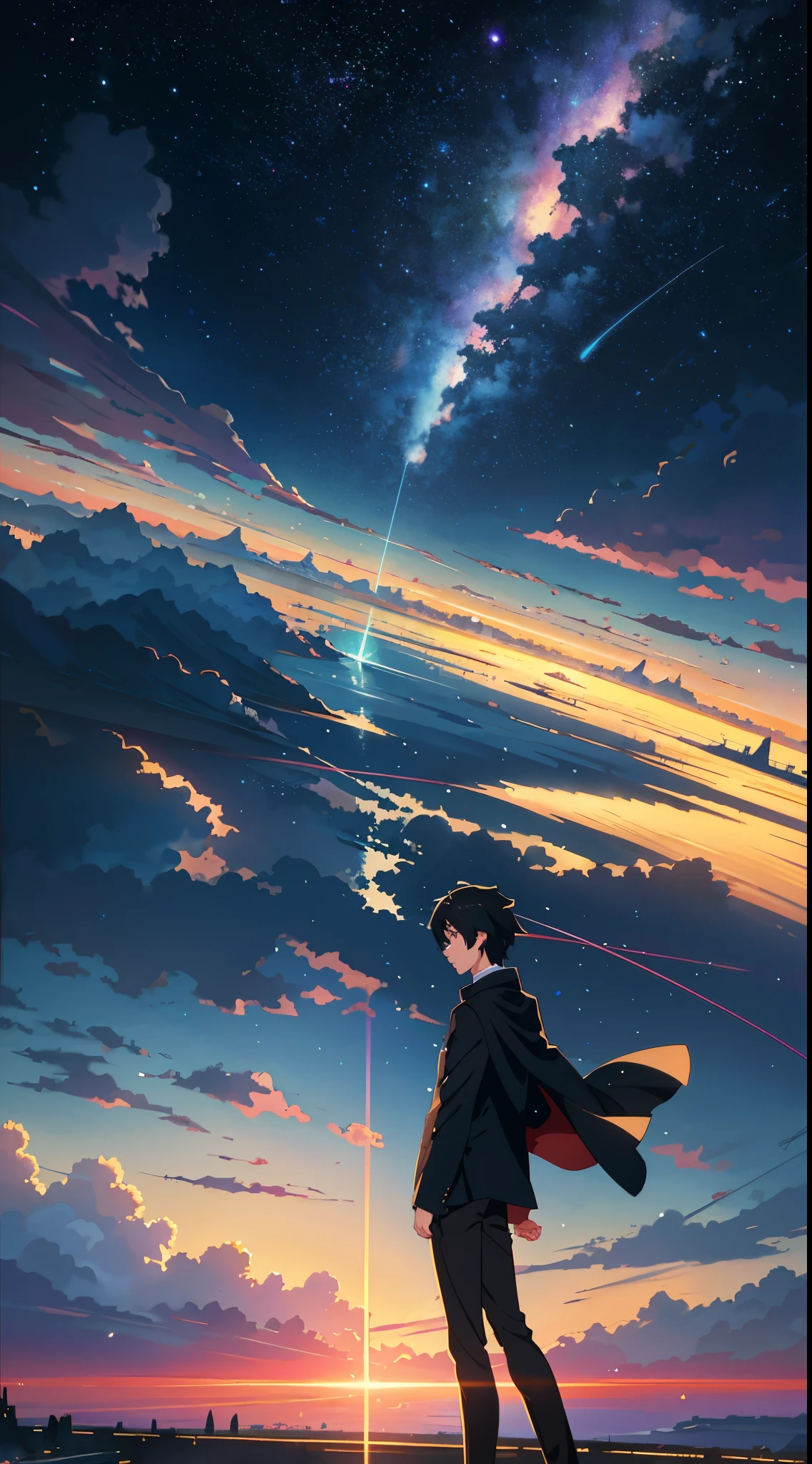 A young men, long wide shot,High quality masterpiece, landscape, anime train passing through bodies of water on tracks, bright starry sky. Romantic train, pixiv, concept art, lofi art style, reflection. by Makoto Shinkai, lofi art, Beautiful anime scene, Anime landscape, detailed scenery —width 672, in style of Makoto shinkai, style of Makoto shinkai, enhanced details.
