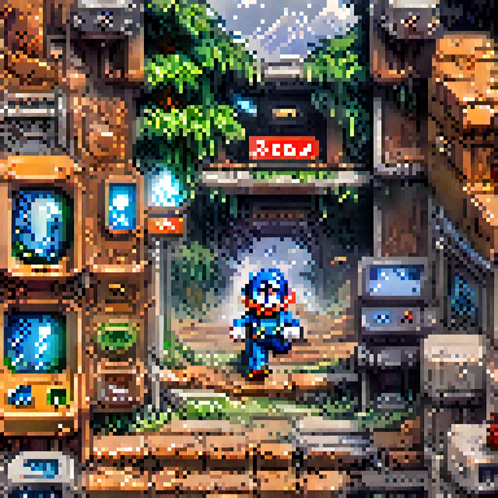 pixel art, (super mario,rockman,mega man,retro game:1.1),(platform game:1.1),pixel art,old school graphics,(best quality,4k,8k,highres,masterpiece:1.2),vibrant colors,classic 8-bit sound effects,action-packed,exciting gameplay,adventurous levels,detailed backgrounds,playable characters,power-ups,enemies,tricky obstacles,adrenaline rush,jumping and running,iconic characters,collecting coins,bonus stages,multiplayer mode,fast-paced,retro gaming nostalgia