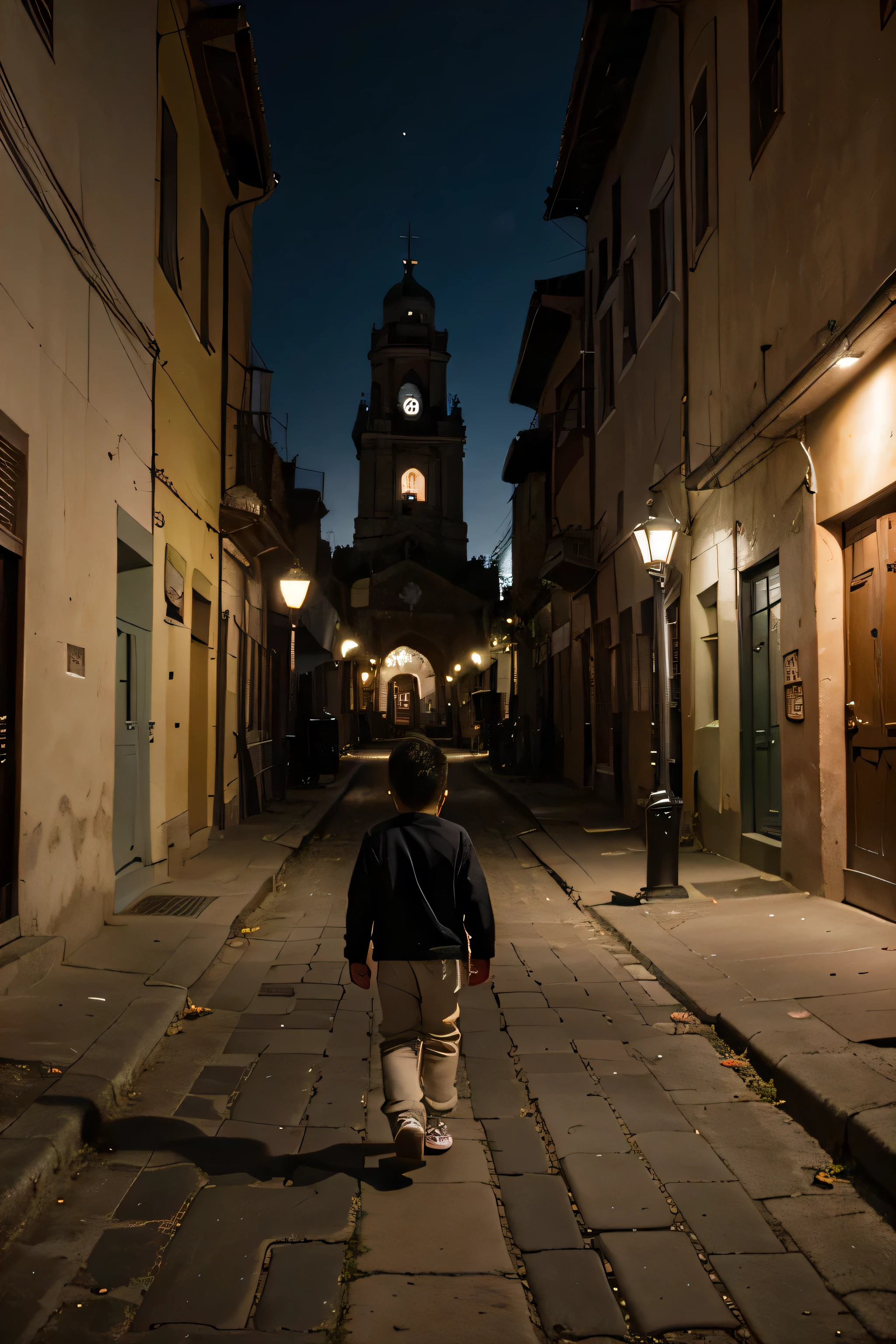 Little Kid boy walking into the sunset in old Guanajuato church streets alone under the antique street lights no cables