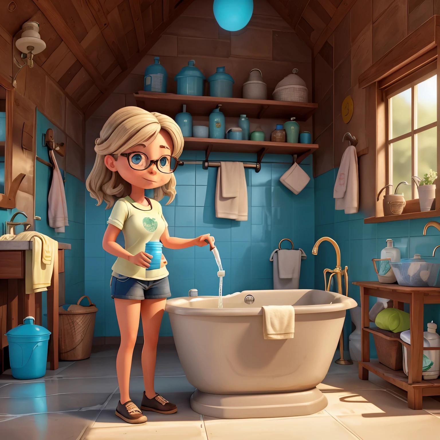 A imagem mostra uma mulher de cabelos longos pretos, many tattoos visible on his arms and hands, wearing glasses. She is in an environment that represents her home, com um tanque de lavar roupa ao fundo. The woman is holding a bucket full of water from the washing machine and is demonstrating how to reuse this water to wash the yard and house, showing a conscious attitude towards saving water.
Ao lado dela, your daughter is brushing her teeth with the tap turned off, exemplifying the responsible use of water even in everyday activities like this. No canto da imagem, there is a shower with a warning or graphic indicating the conscious use of water, like a timer or bath time instructions.
This image conveys a clear message about the importance of saving water in everyday life and how small actions can make a big difference..
