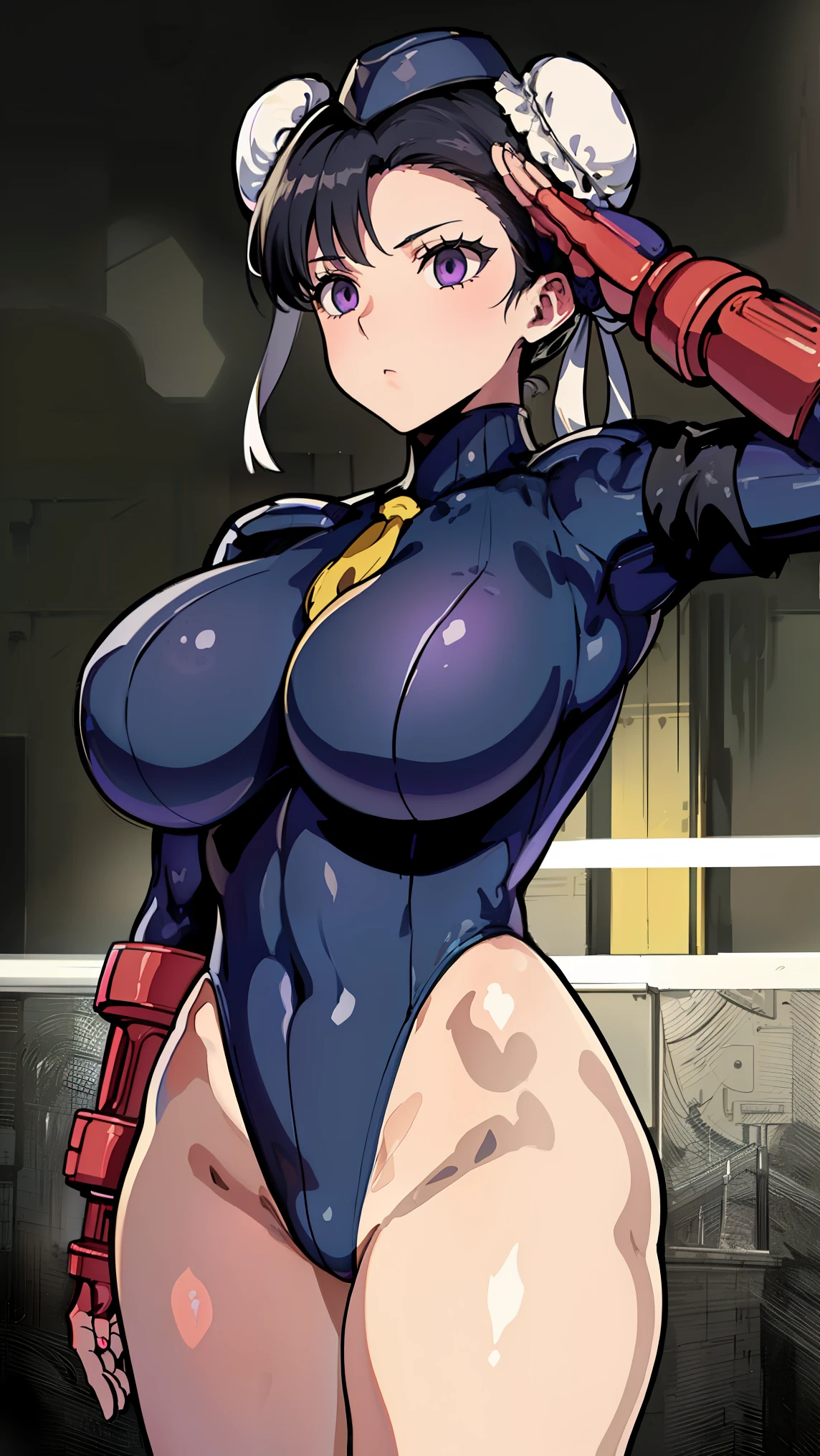 1 girl,NSFW,Chunli, (STREET FIGHTER), (bun cover:1.5), double bun, clavicle, absurd, brainwashing,Combatant, empty eyes,((purple glowing eyes 1.5))( huge breasts ), No expression, emotions are removed,((black shadaloo suit)),look away , whole body shape, ((stand up, salute)),(highest quality、4k、8K、High resolution、must have:1.2)、Super detailed、(reality、that&#39;s reality的な、reality的な:1.37)、ticker、hyper hd、studio lighting、ultra definition paint、sharp focus、Physically based rendering、extreme details、Professional specifications、vibrancy and color、blurry、sports portrait、landscape、horror style、anime big breasts、SF、photograph、concept artist、five fingers, perfect body,  {{{masterpiece}}}, {{{highest quality}}}, {{Super detailed}}, {shape}, {{very delicate and beautiful}},Improved cost performance、all roles、Canon 5D MK4でphotograph、photograph, 