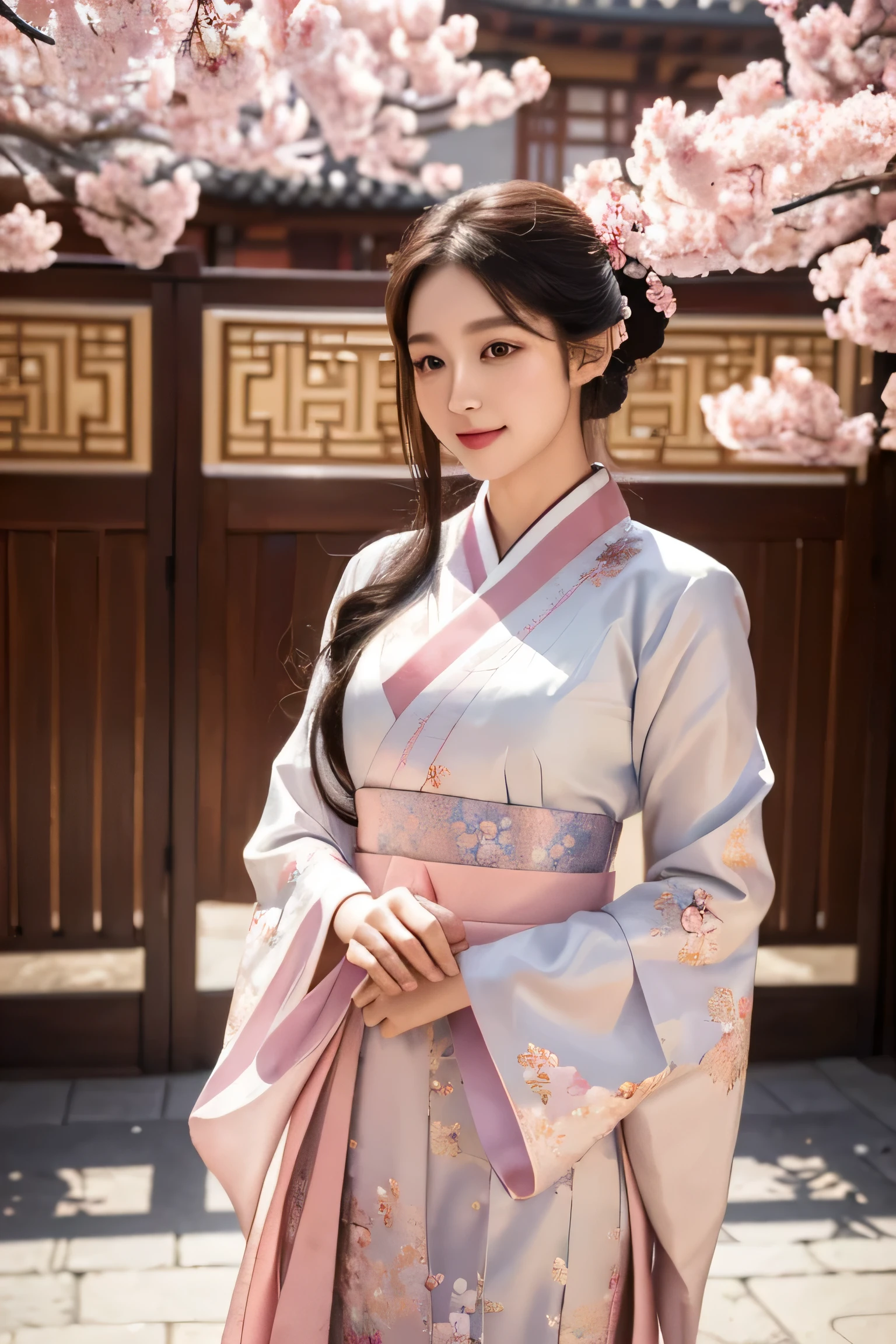 (best quality,4k,8k,highres,masterpiece:1.2),ultra-detailed,(realistic,photorealistic,photo-realistic:1.37),Korean woman wearing hanbok,beautiful detailed eyes,beautiful detailed lips,extremely detailed face,long eyelashes,traditional hanbok attire,richly embroidered fabric,luxurious silk,elaborate patterns,colored sleeves,floral motifs,imperial palace background,stunning architecture,ornate gates,courtyard filled with cherry blossoms,serene atmosphere,vivid colors,soft natural lighting,A girl surrounded by historical beauty,a gentle smile with a hint of elegance,peaceful and graceful pose,traditional fan in hand,graceful movement,capturing a moment of tranquility and beauty.