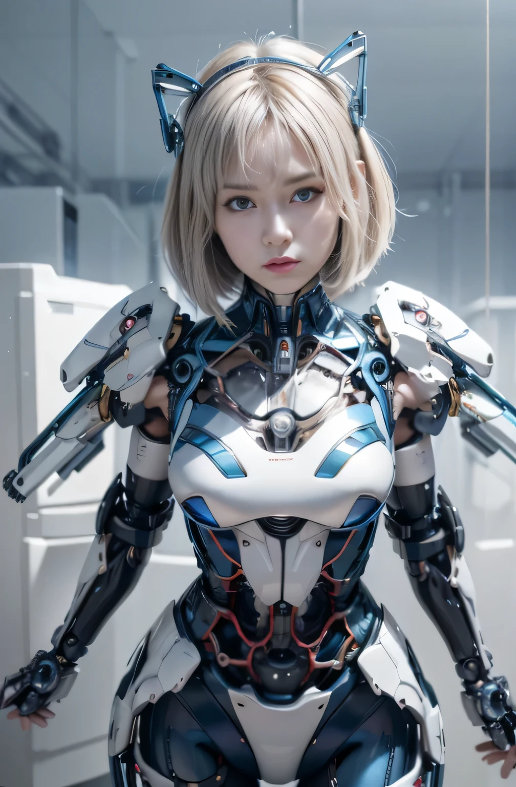best quality, 8k, highres, octan render, (masterpiece:1.2), extremely ultra detail, cyborgized beautiful Japanese woman, , skinny body, flat chest, (blue metallic mechanical frame:1.5), (Power cables connected throughout the body), detaile up, Instead of hair, there are cables growing out of it, mechanical fusion, mechanical skeleton, bio mechanics, mechanical life-form, extremely ultra real texture, human-like skin, realistic hair, realistic metal texture, professional lighting, (realistic:1.4), (RAW photo:1.2), (photorealistic:1.5)