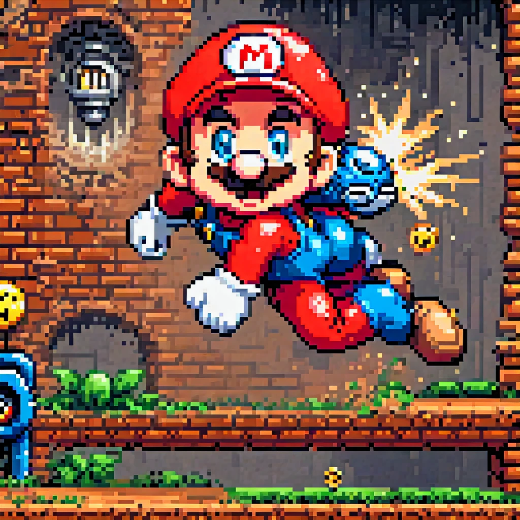 pixel art, 16 bit, yamer_pixel_fusion, (super mario,rockman,mega man,retro game:1.1),(platform game:1.1),pixel art,old school graphics,(best quality,4k,8k,highres,masterpiece:1.2),vibrant colors,classic 8-bit sound effects,action-packed,exciting gameplay,adventurous levels,detailed backgrounds,playable characters,power-ups,enemies,tricky obstacles,adrenaline rush,jumping and running,iconic characters,collecting coins,bonus stages,multiplayer mode,fast-paced,retro gaming nostalgia