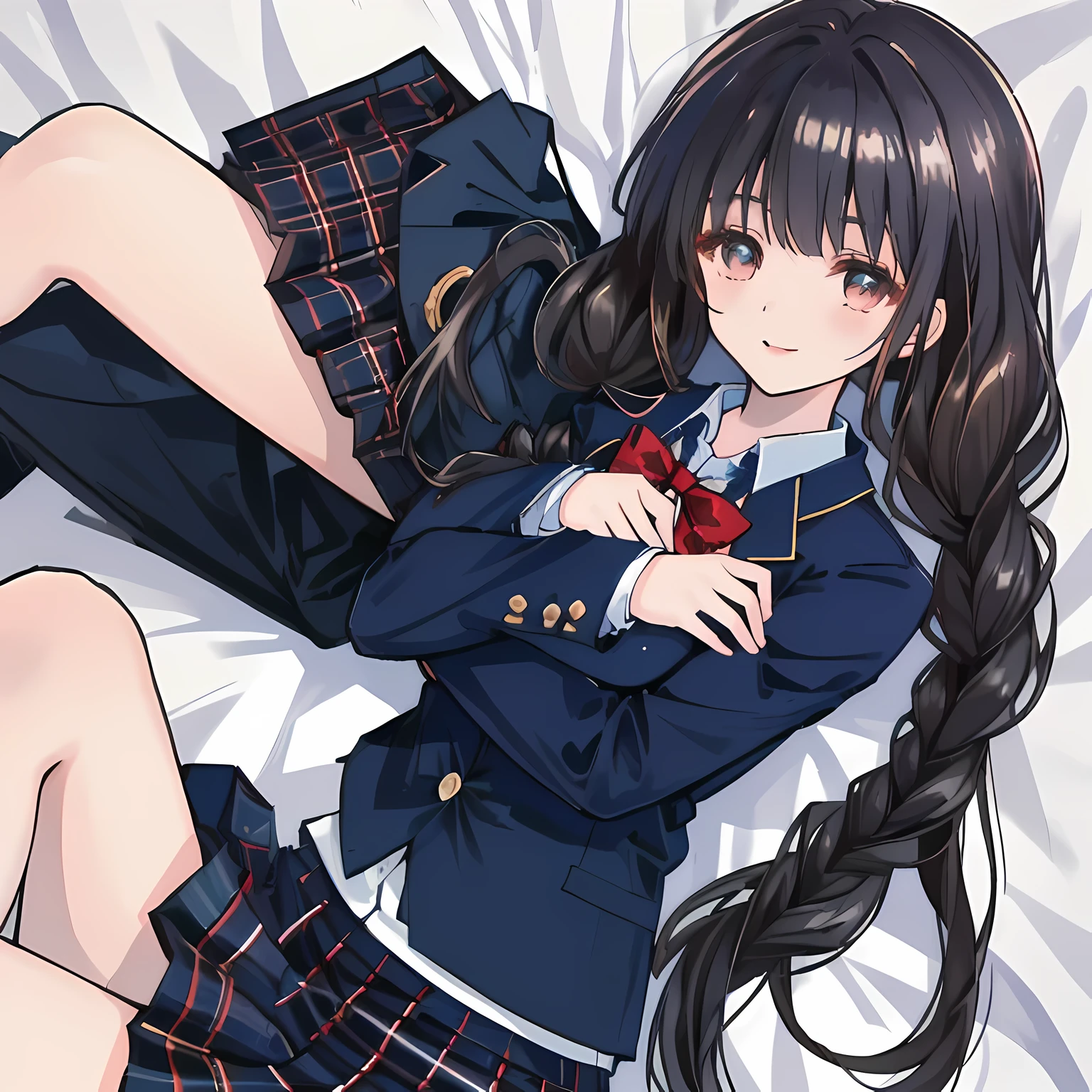highest quality, (masterpiece:1.2), High resolution, perfect pixel, A very beautiful woman is lying on the bed, 16 years old, ((detailed eyes)), ((girly large wine-red glossy polyester Japanese school ribbon bow tie)), (((long beautiful wavy hair))), ((untied braids)), ((((dark blue & deep navy colored tartan checkered long skirt)))), ((A formal dark blue blazer that is slightly larger and has a gold emblem on the left chest that feels like the texture of the cloth.)), Watching the viewer and laughing, Very fun, Very happy, mouth is open, the skirt is so cute, detailed fingers, modest chest, curled bangs, Lip balm, The background is a black bed in a night room, Beautiful down to the tips of her legs, I want to be intricately intertwined., I want to hug you, checkered comforter, checkered bed sheet, cute long ribbons on the bed
