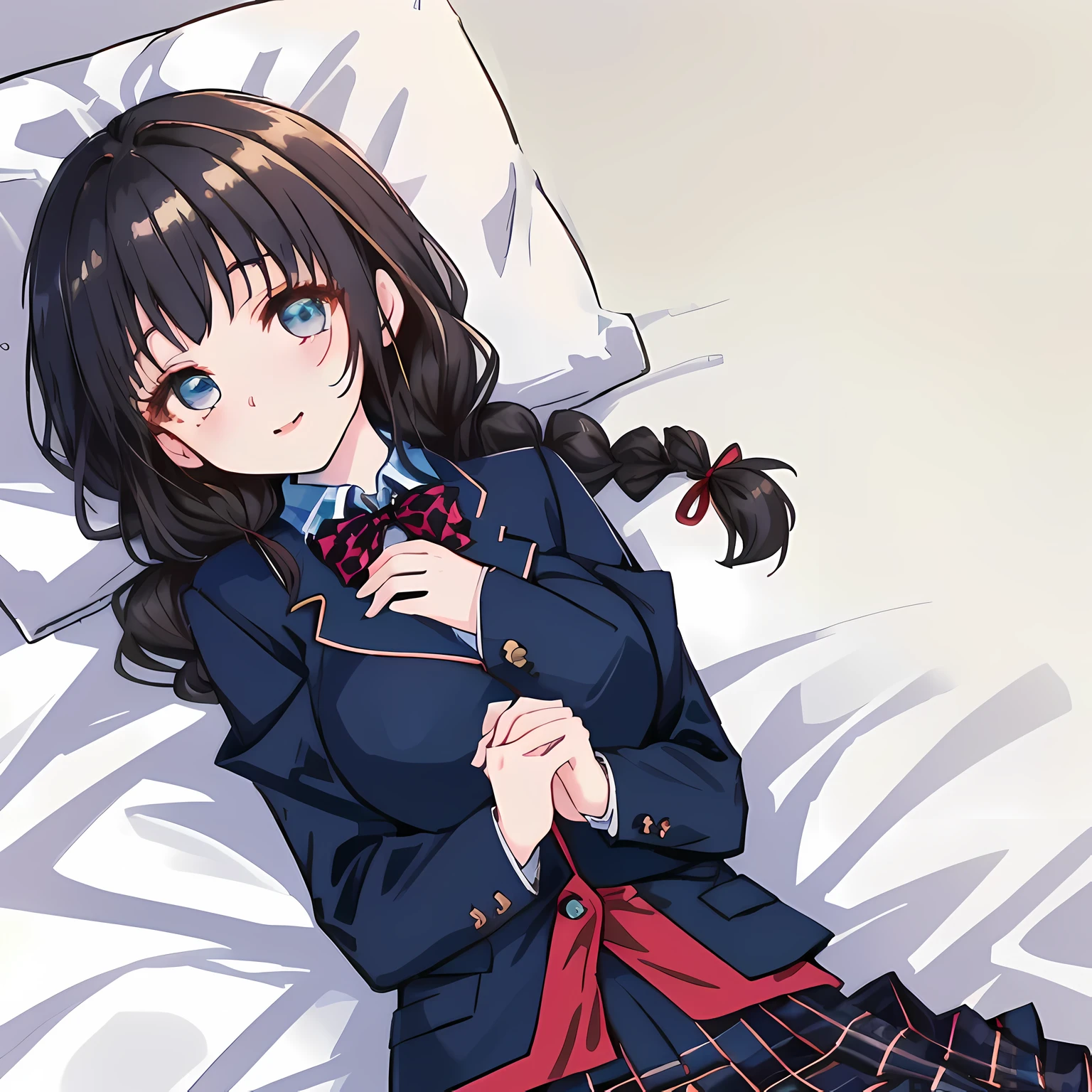 highest quality, (masterpiece:1.2), High resolution, perfect pixel, A very beautiful woman is lying on the bed, ************, ((detailed eyes)), ((girly large wine-red glossy polyester Japanese school ribbon bow tie)), (((long beautiful wavy hair))), ((untied braids)), ((((dark blue & deep navy colored tartan checkered long skirt)))), ((A formal dark blue blazer that is slightly larger and has a gold emblem on the left chest that feels like the texture of the cloth.)), Watching the viewer and laughing, the skirt is so cute, detailed fingers, modest chest, curled bangs, Lip balm, The background is a black bed in a night room, Beautiful down to the tips of her legs, I want to be intricately intertwined., I want to hug you, checkered comforter, checkered bed sheet