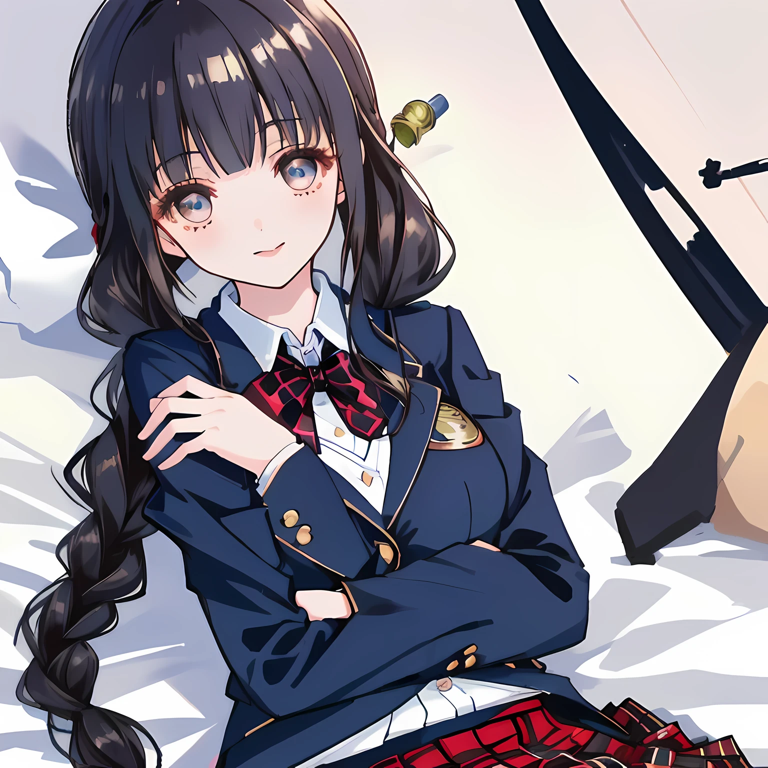 highest quality, (masterpiece:1.2), High resolution, perfect pixel, A very beautiful woman is lying on the bed, 16 years old, ((detailed eyes)), ((girly large wine-red glossy polyester Japanese school ribbon bow tie)), (((long beautiful wavy hair))), ((untied braids)), ((((dark blue & deep navy colored tartan checkered long skirt)))), ((A formal dark blue blazer that is slightly larger and has a gold emblem on the left chest that feels like the texture of the cloth.)), Watching the viewer and laughing, the skirt is so cute, detailed fingers, modest chest, curled bangs, Lip balm, The background is a black bed in a night room, Beautiful down to the tips of her legs, I want to be intricately intertwined., I want to hug you, checkered comforter, checkered bed sheet