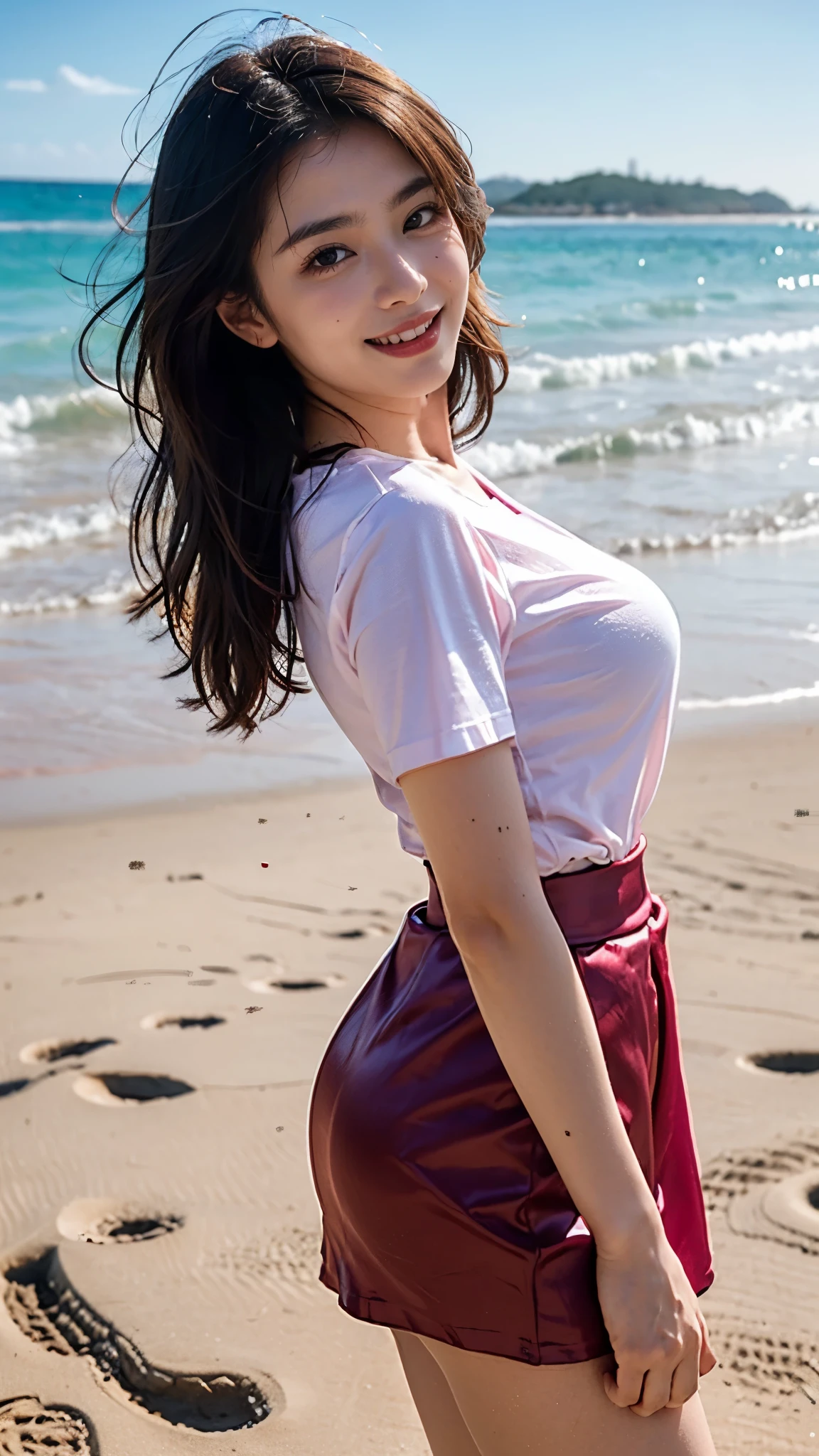 Slender Asian Girl, 8k, masterpiece, RAW photo, best quality, photorealistic, extremely detailed CG unity 8k wallpaper, Depth of field, Cinematic Light, Lens Flare, Ray tracing, (extremely beautiful face, beautiful lips, beautiful eyes), intricate detail face, ((ultra detailed skin)), kpop-idol, ((Beach Walking)), Cocktail glass in hand, ((satin silky Pink T-shirt)), ((satin silky pink skirt)), ((Top Quality, 8K, Masterpiece: 1.3)), sharp focus: 1.2, a beautiful woman with perfect figure: 1.4, ((Beautiful Big smile)), ((smile: 1.2)), The face and skin texture are delicately depicted, Detailed Eyes, skiny, beautifull face, symmetrical face, full-length, Walking in sand and sea water, Sexy poses, 4 Different types poses, ((Super Round breasts under the dress)) , Beautiful Thighs, ((Perfect thighs)), stylish Poses,