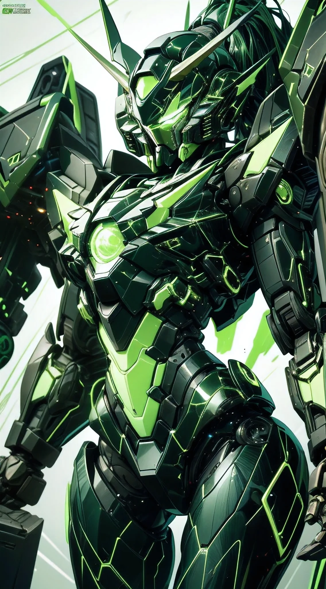 (masterpiece, best quality:1.3),extremely high detailed, intricate, 8k, HDR, wallpaper, cinematic lighting, (universe),(Mecha musume:1.3), glowing, ((black armor:1.5)), glowing green eyes, mecha, black hair, ponytail, (large mechanical fairywings:1.2), (((black and green theme:1.4))), (fairy, girl:1.2), (large breasts:1.1), (white background:1.3), mecha musume, robot, gundam, mecha, bodysuit, fortified suit, mechanical parts, robot joints, headgear, midriff, cleavage, (masterpiece), (best quality), gundam style,ultra-detailed,insanely detailed,3d cg,realistic,anime,anime screencap,animeted,mecha,robot,((perfect anatomy)),((perfect hands)),((extremely detailed five fingers)),((GUNDAM AERIAL REUILD)),(mobile suit gundam),(GUNDAM head),shining twin eye,robot armor,fullbody,Stylish,cool pose,Sharp edged design, humanoid robot,toned stomach,thighs,particle lighting,mechanical limbs, mechanical parts, mechanical arms, headgear,artificial intelligence,cinematic,photoreal,lens flare,extremely detailed character, solo focus, dynamic pose,dynamic angle,depthoffield, cinematiclighting,speed lines,no human, science fiction:1.3,cowboy shot,looking at the viewer, neat figure,amazing,whole body,extremery magnificent view