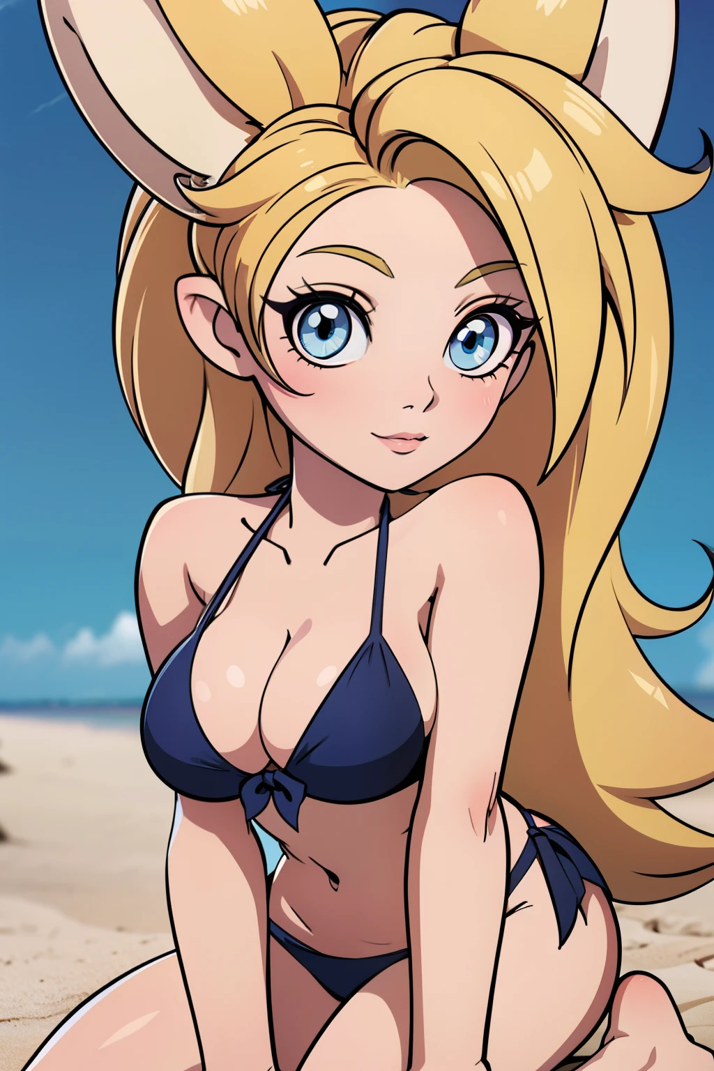 1girl, full body, ager, solo, (very long waist length blonde hair, straight blonde hair: 1.28), ((light blue eyes)), perfect clear skin, (large darker fox ears: 1.35), pale skin, large breasts, cleavage, (thin hips, thin waist , athletic body: 1.25), background, looking away, (wearing only a bikini: 1.5), kneeling in the sand, masterpiece, best quality,3d rending work ,3DMM style, close-up, portrait, 3D,